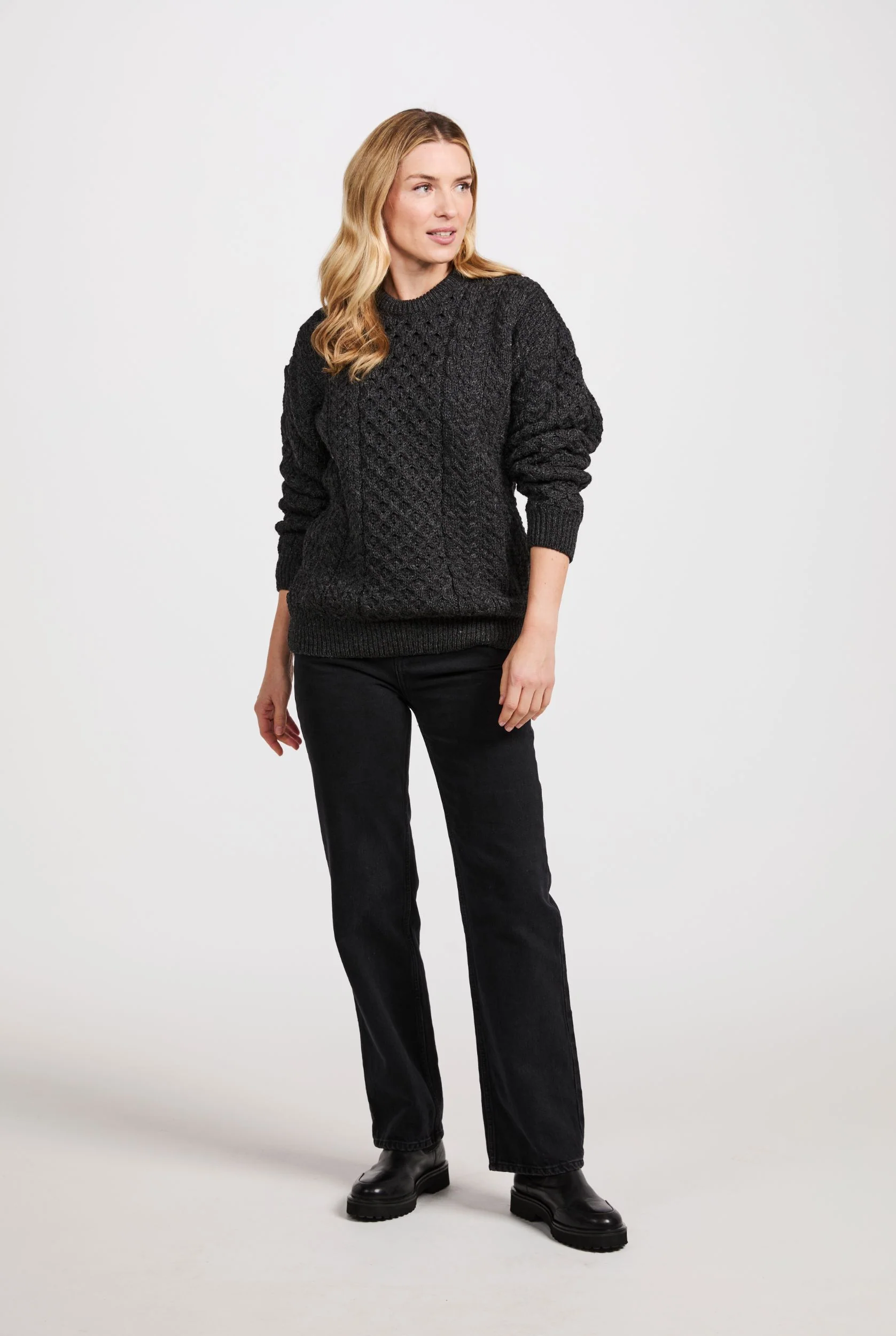 Inishbofin Ladies Traditional Aran Sweater - Charcoal - Image 3