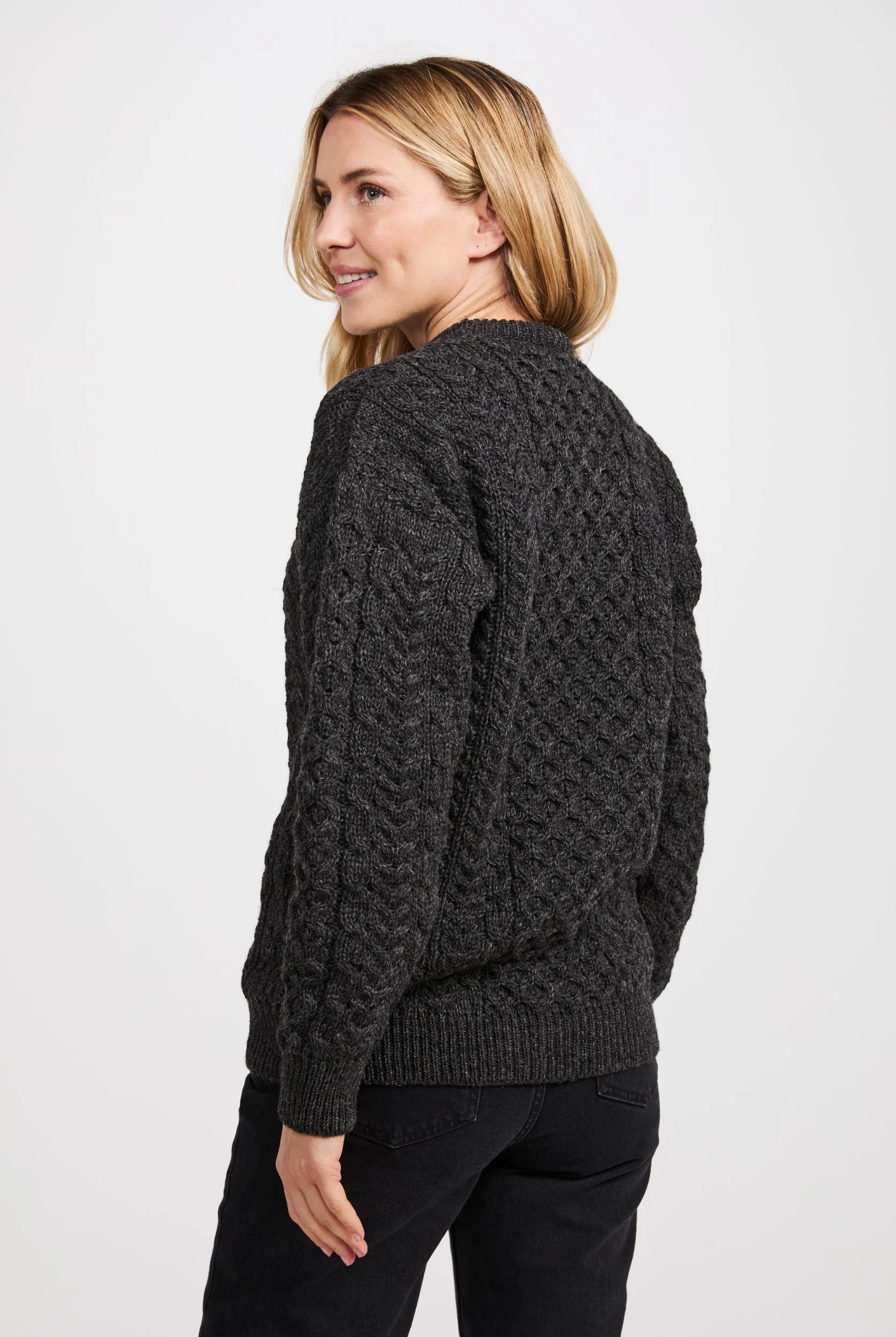 Inishbofin Ladies Traditional Aran Sweater - Charcoal - Image 5