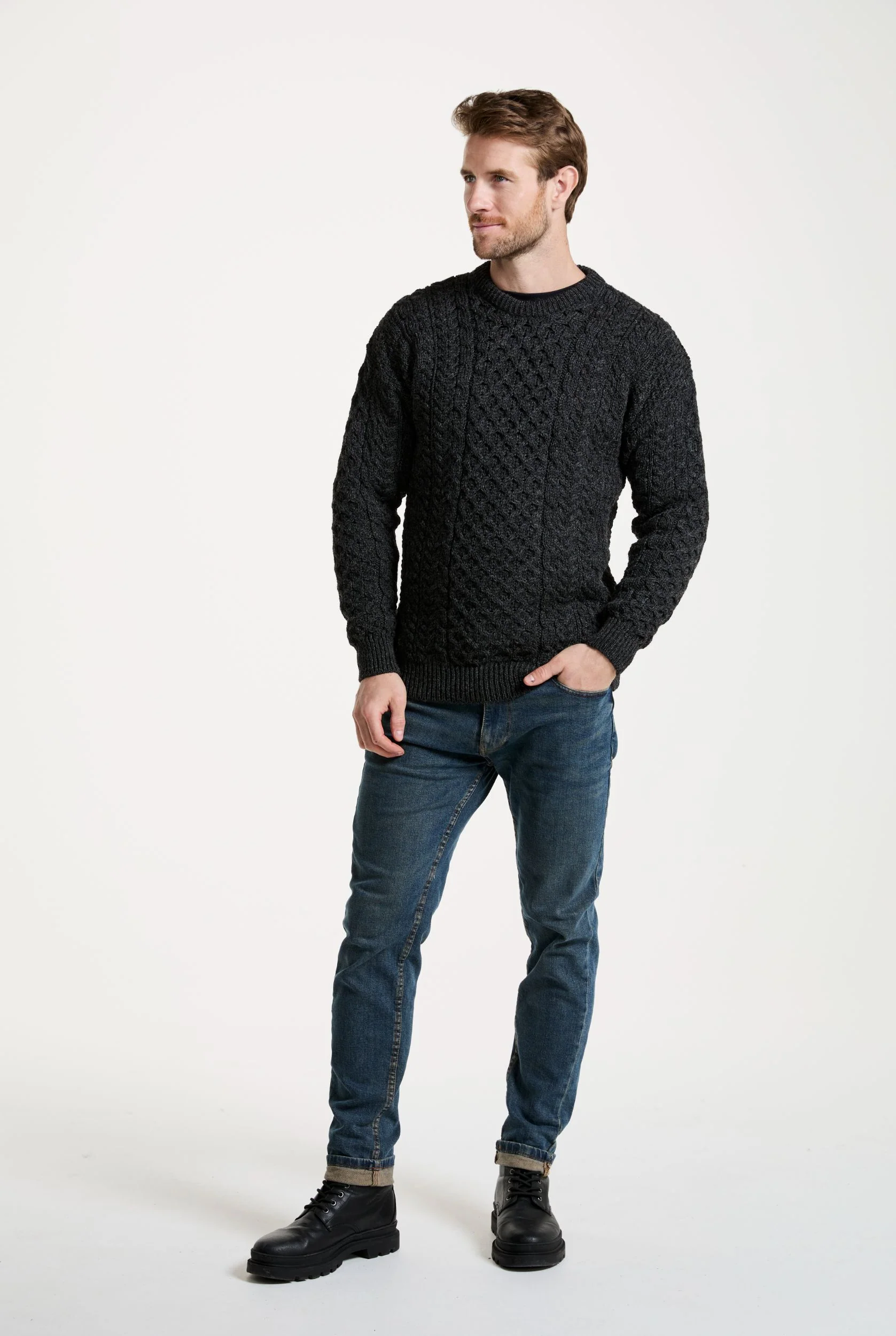 Inishbofin  Mens Traditional Aran Sweater - Charcoal - Image 3
