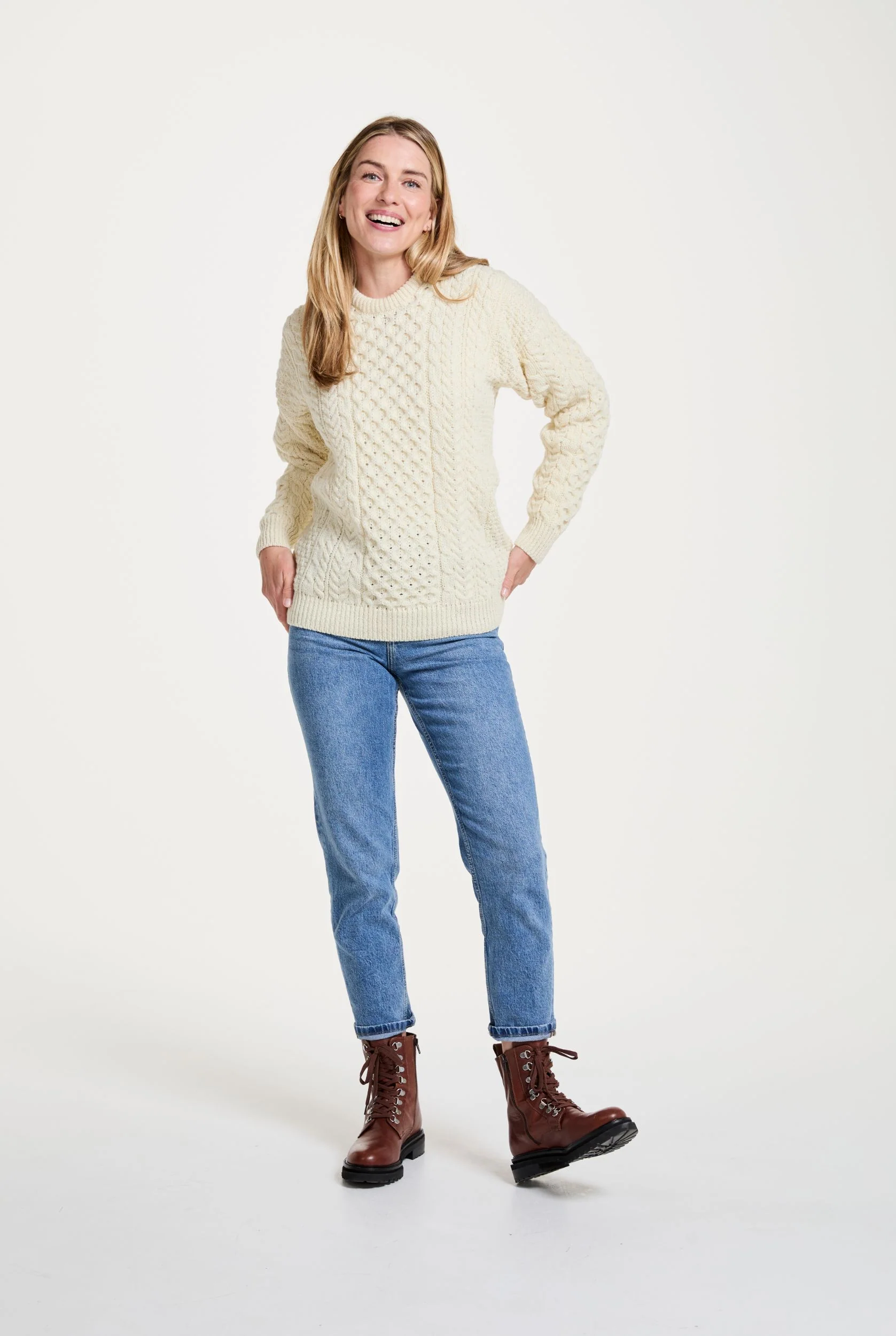 Inishbofin Ladies Traditional Merino Aran Sweater - Cream - Image 3