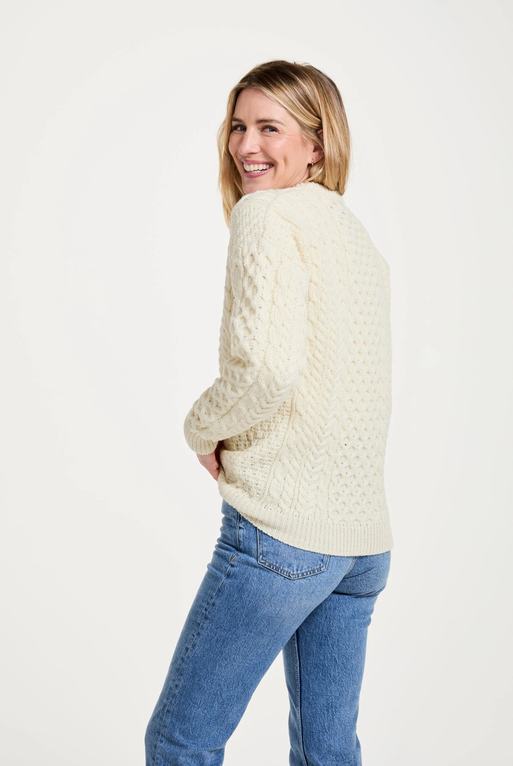 Inishbofin Ladies Traditional Merino Aran Sweater - Cream - Image 4