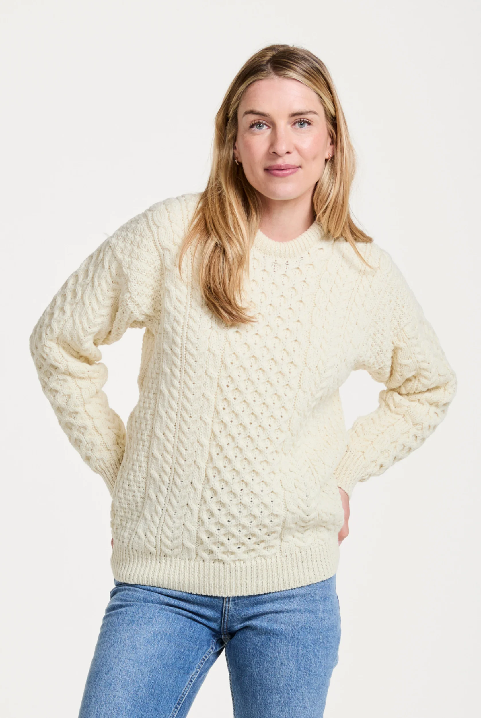 Inishbofin Ladies Traditional Merino Aran Sweater - Cream - Image 5