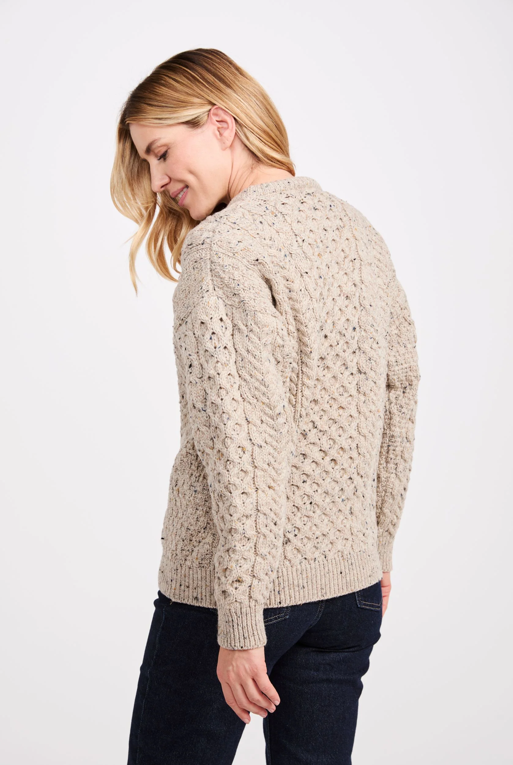 Inishbofin Ladies Traditional Aran Sweater - Flecked Oat - Image 4