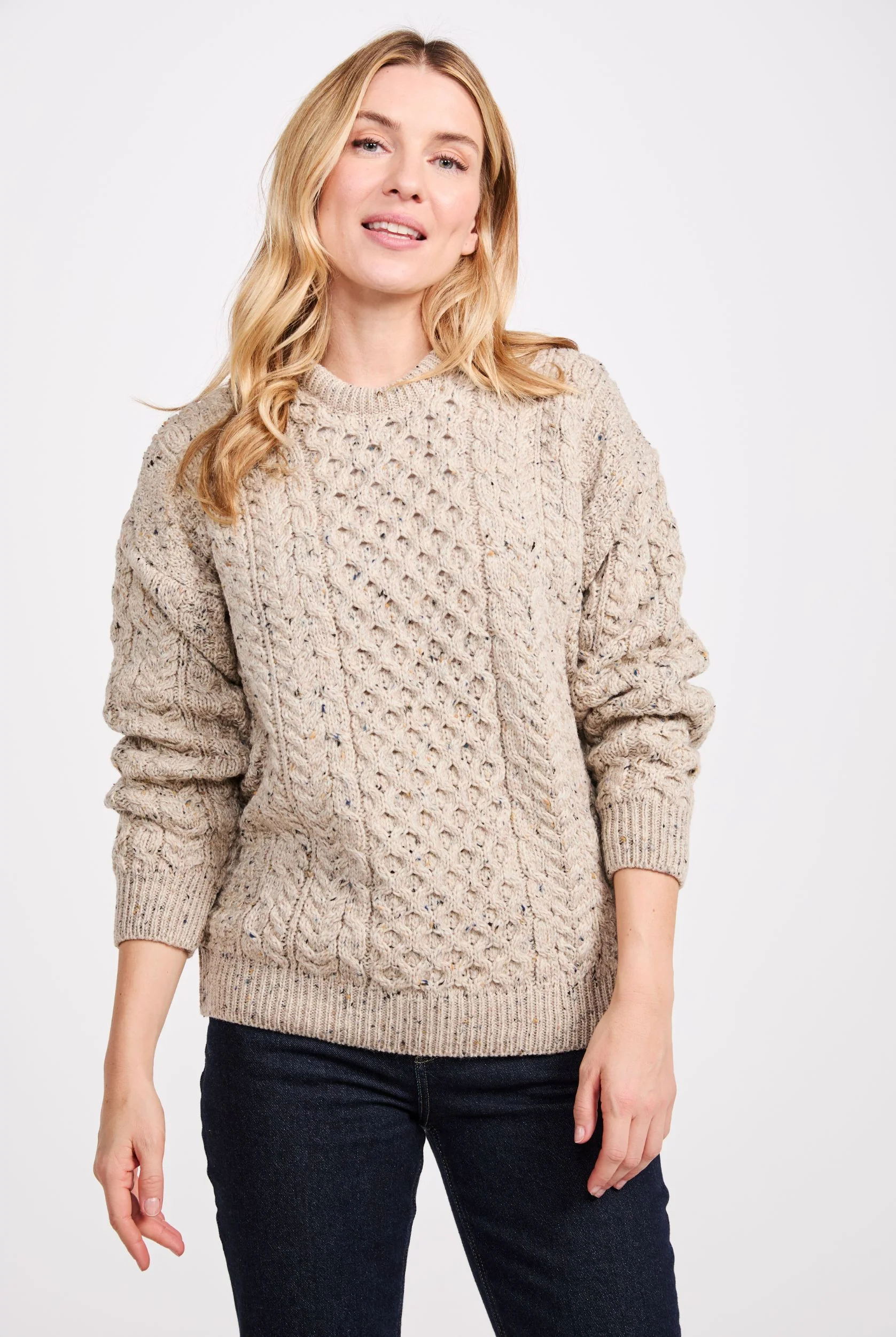 Inishbofin Ladies Traditional Aran Sweater - Flecked Oat - Image 5