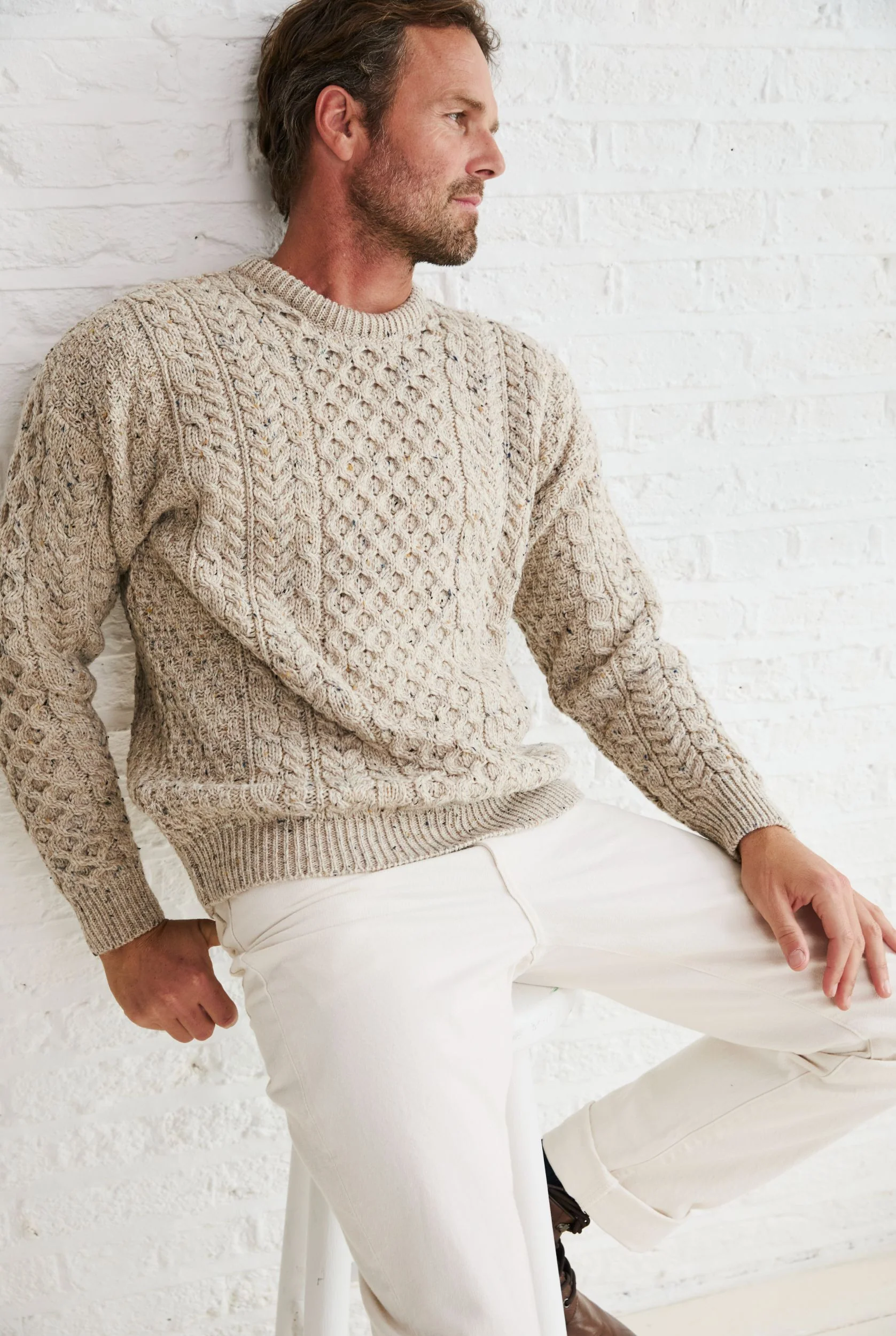 Inishbofin Mens Traditional Aran Sweater - Flecked Oat - Image 5