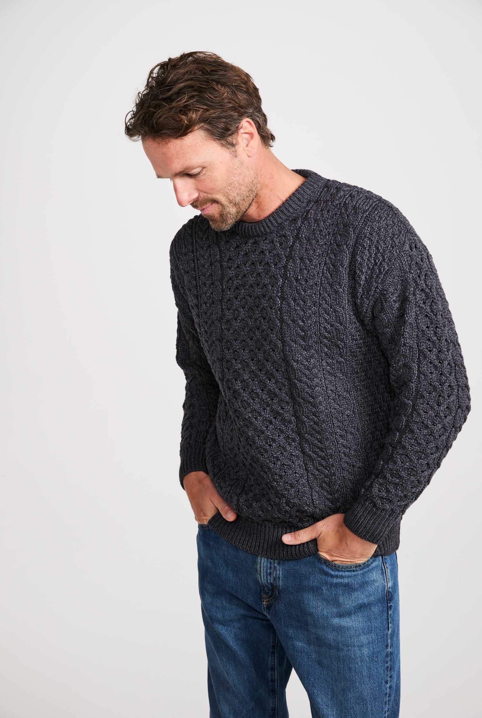 Inisheer Traditional Mens Merino Aran Sweater - Charcoal - Image 3