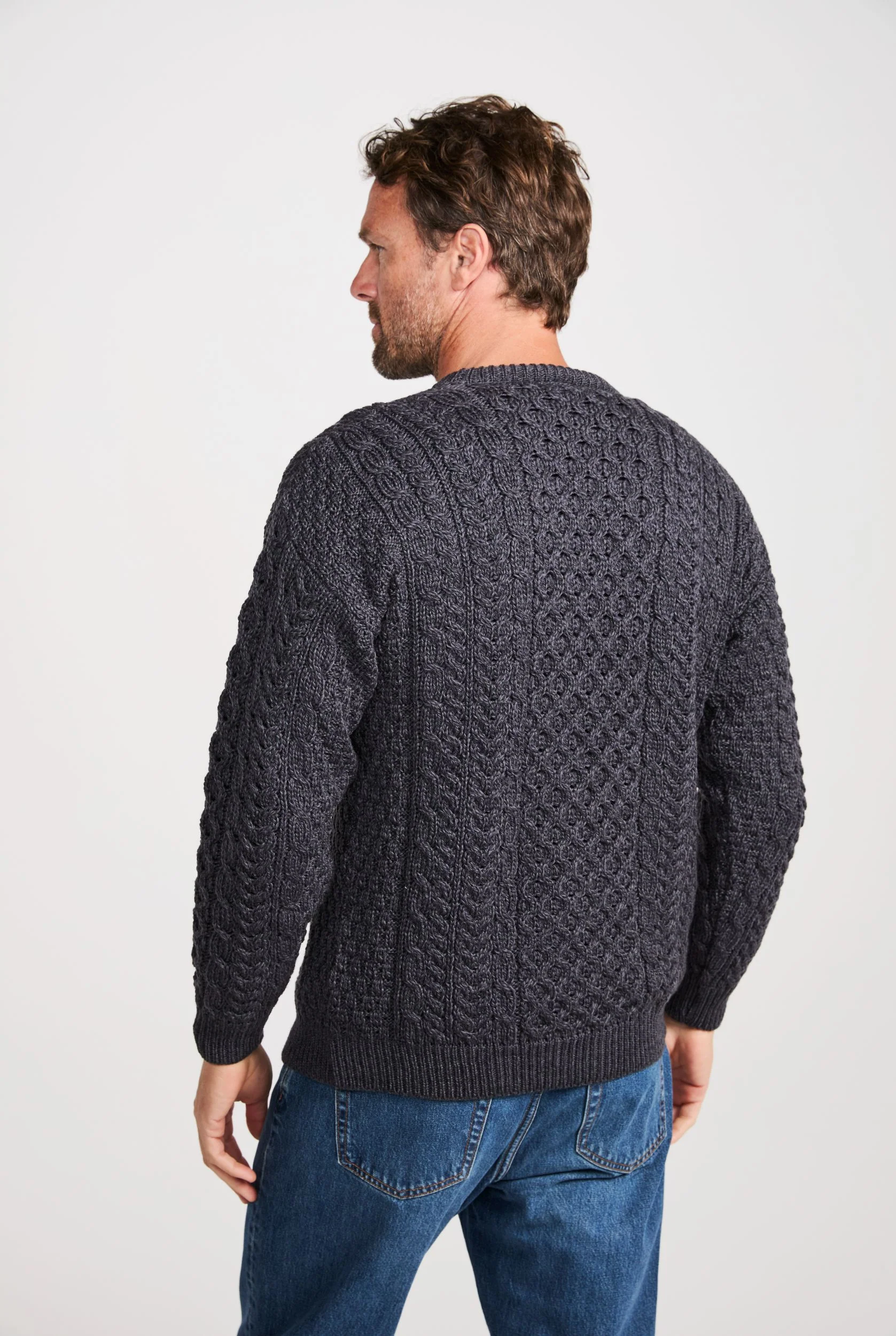 Inisheer Traditional Mens Merino Aran Sweater - Charcoal - Image 4