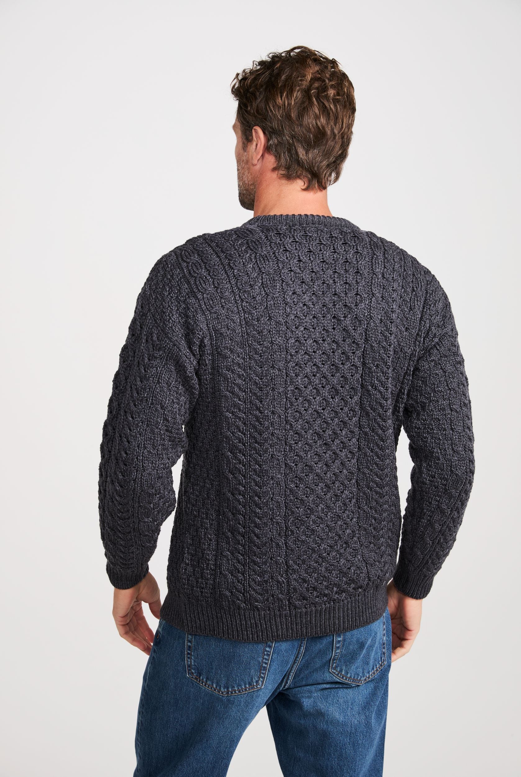 Inisheer Traditional Mens Merino Aran Sweater - Charcoal - Image 5