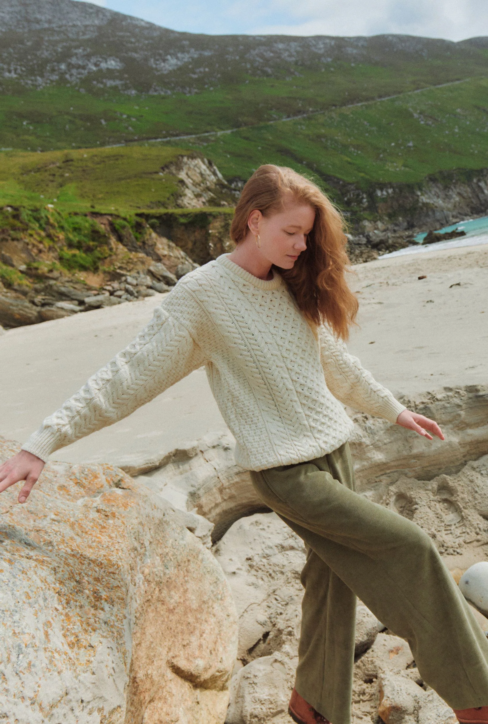 Inisheer Ladies Traditional Merino Aran Sweater - Cream - Image 3