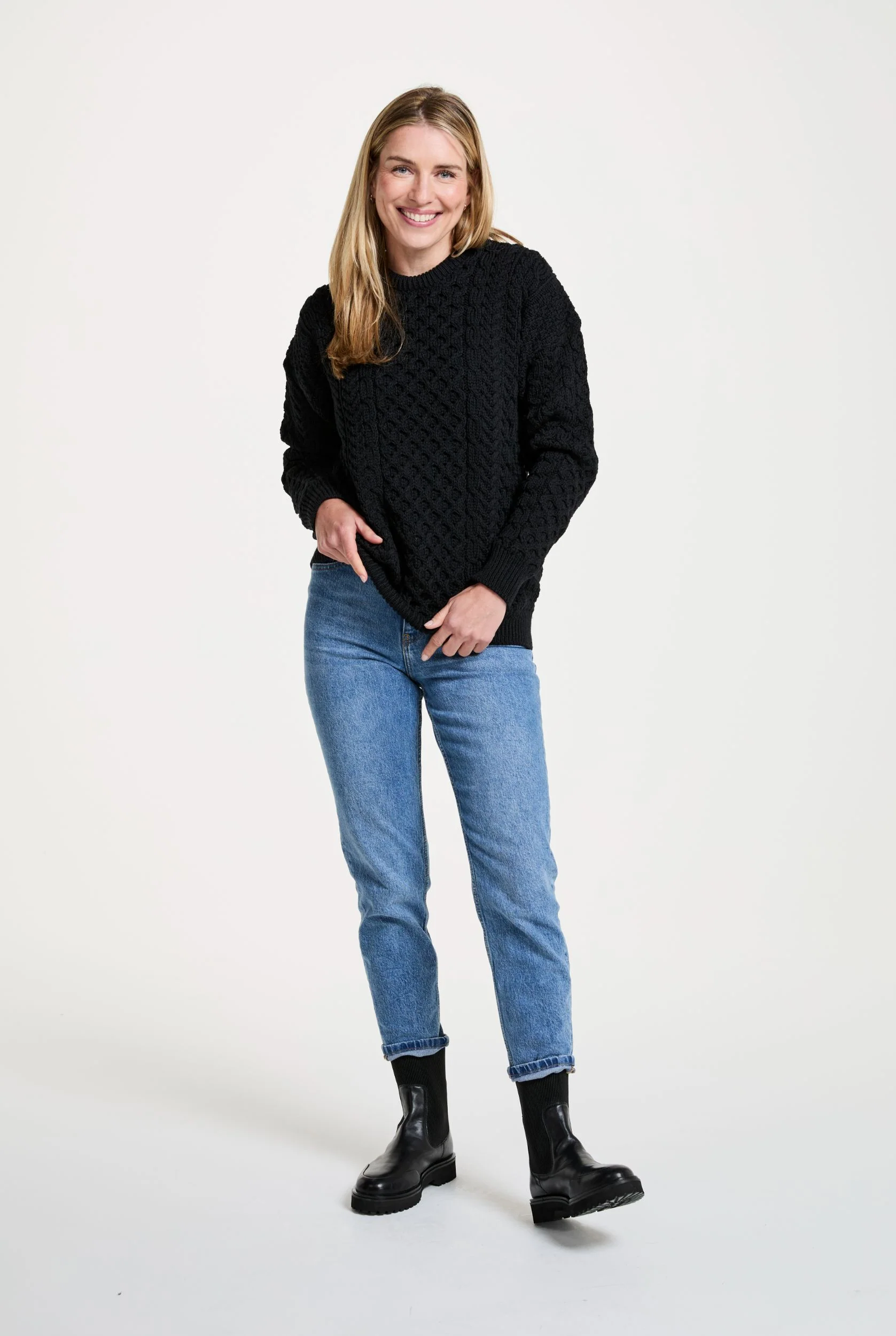 Inisheer Traditional Ladies Merino Aran Sweater - Black - Image 3