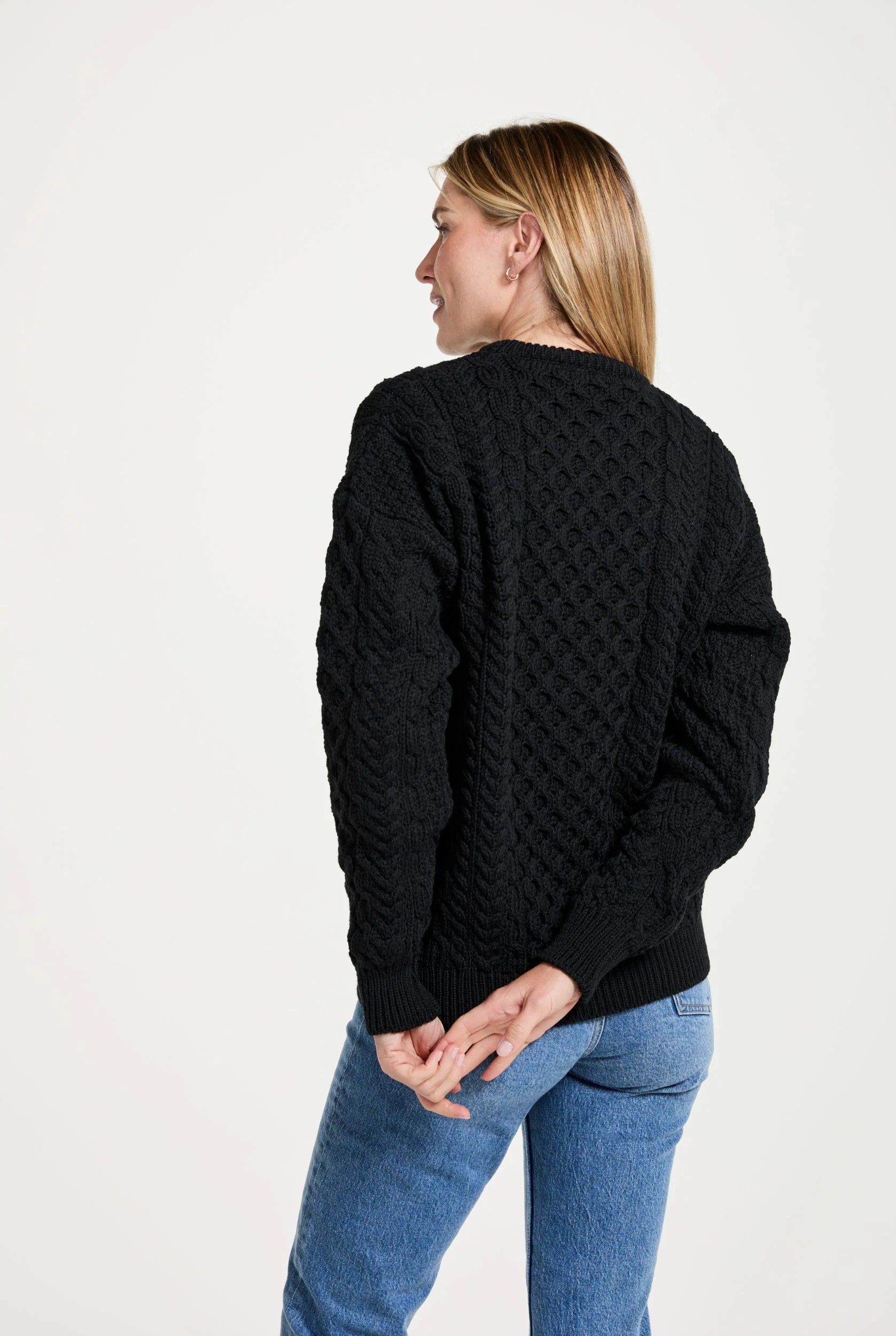 Inisheer Traditional Ladies Merino Aran Sweater - Black - Image 4