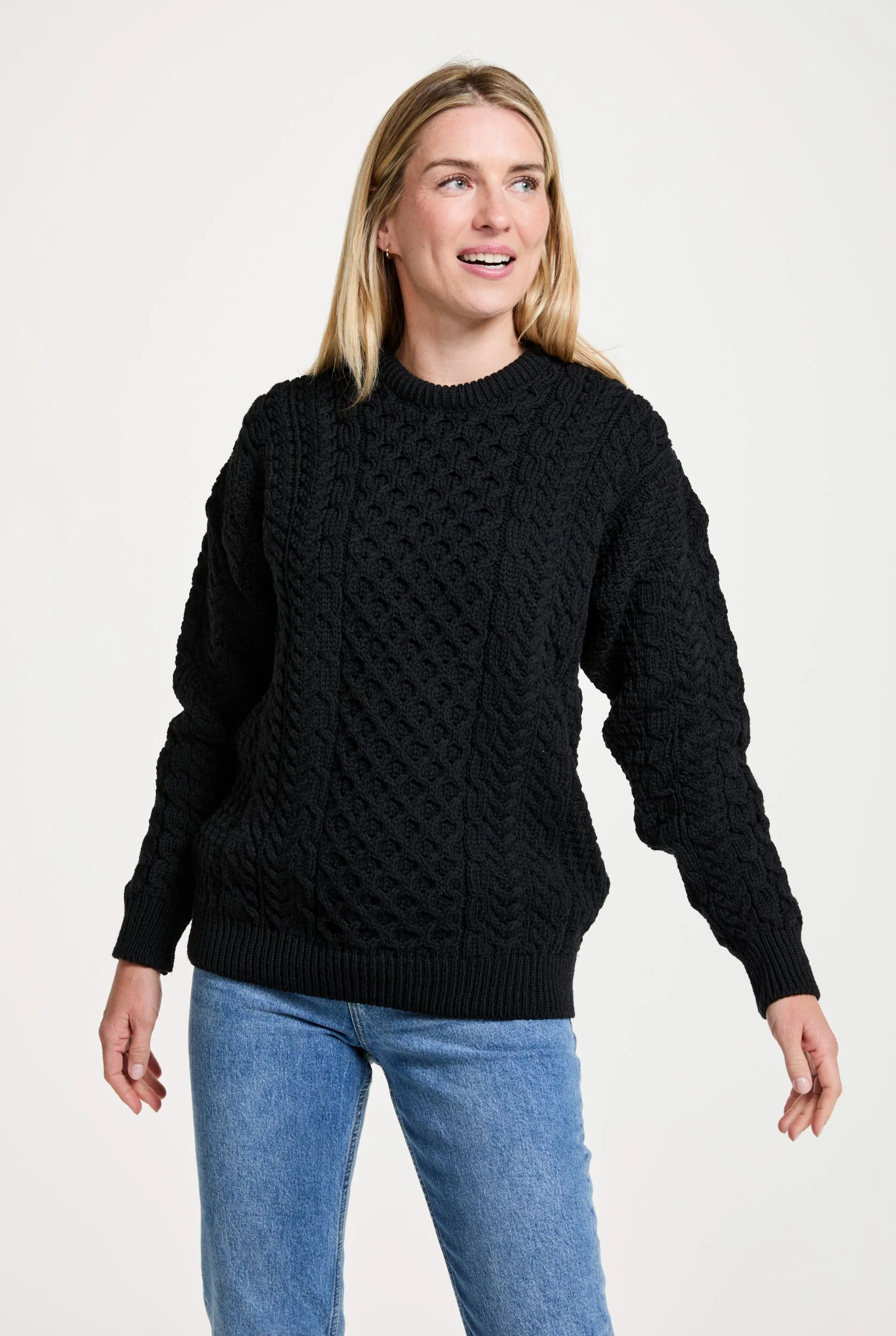 Inisheer Traditional Ladies Merino Aran Sweater - Black - Image 5