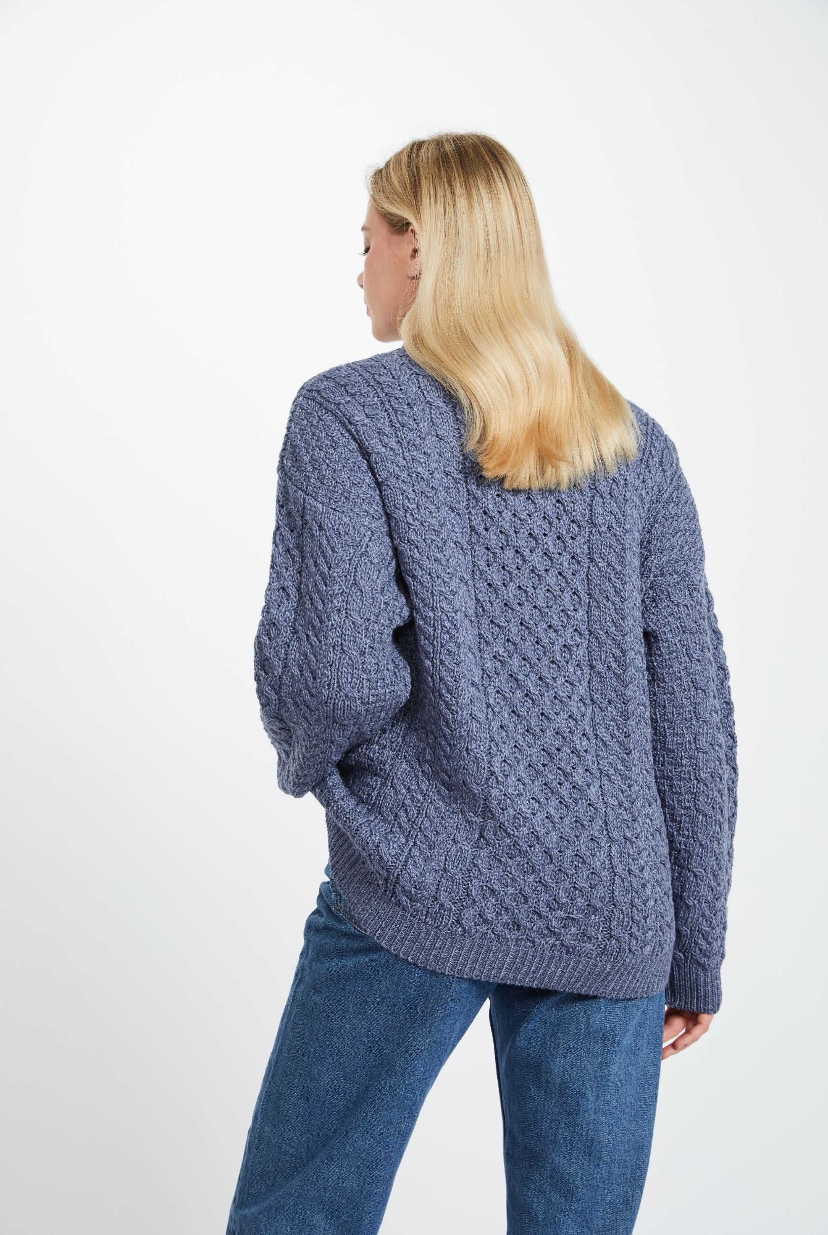 Inisheer Traditional Ladies Merino Aran Sweater - Blue Grey - Image 5