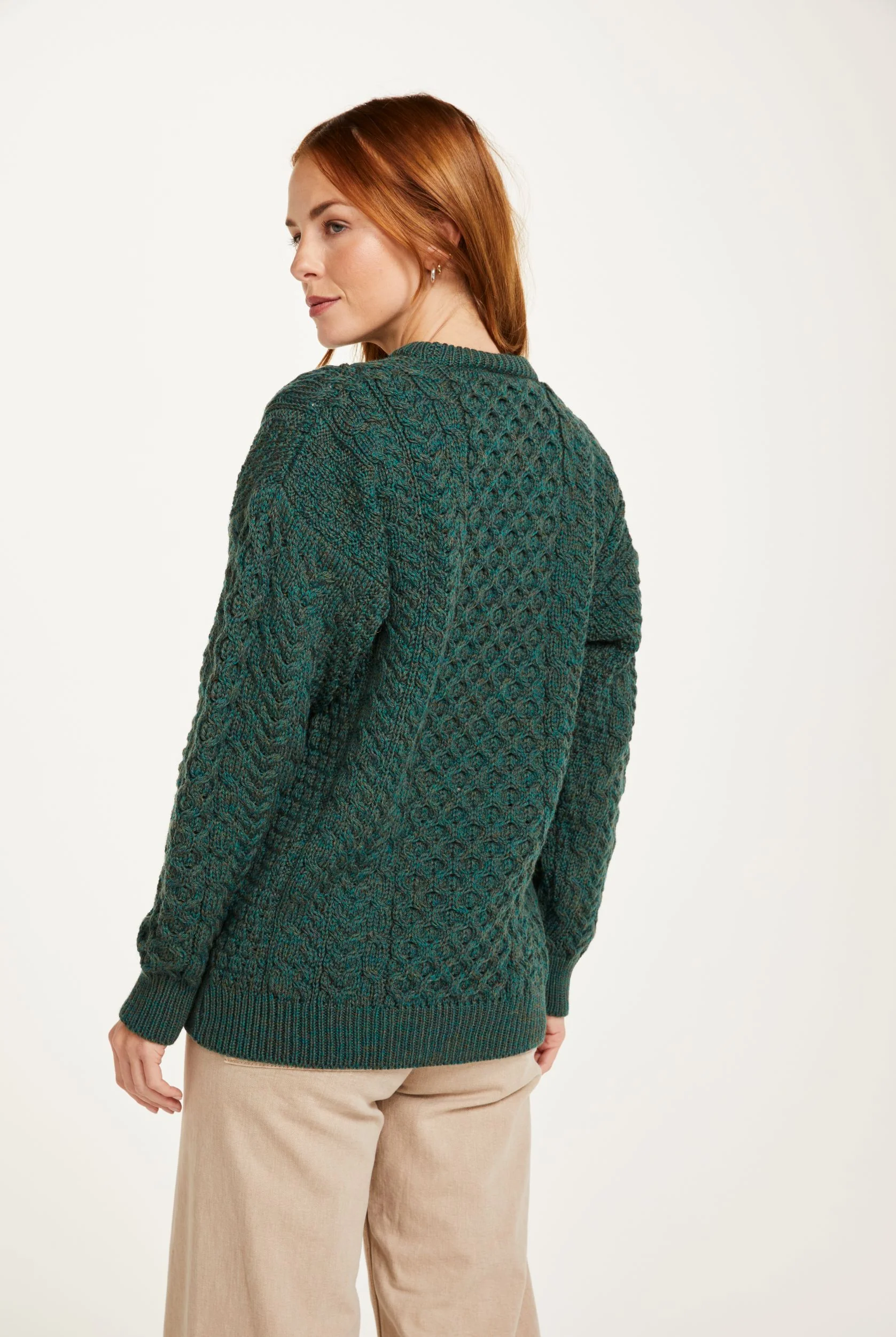 Inisheer Traditional Ladies Merino Aran Sweater - Green - Image 3