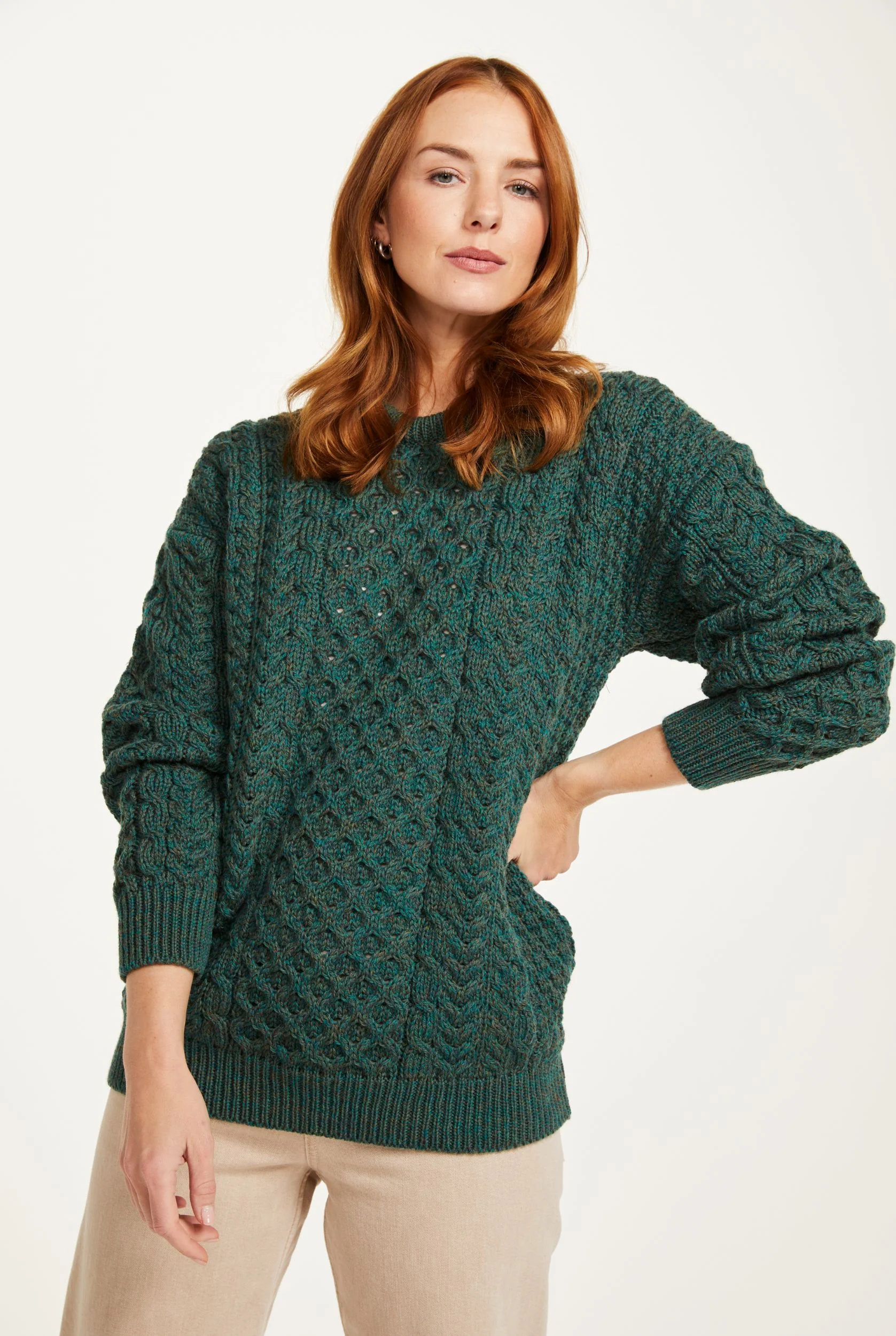 Inisheer Traditional Ladies Merino Aran Sweater - Green - Image 5