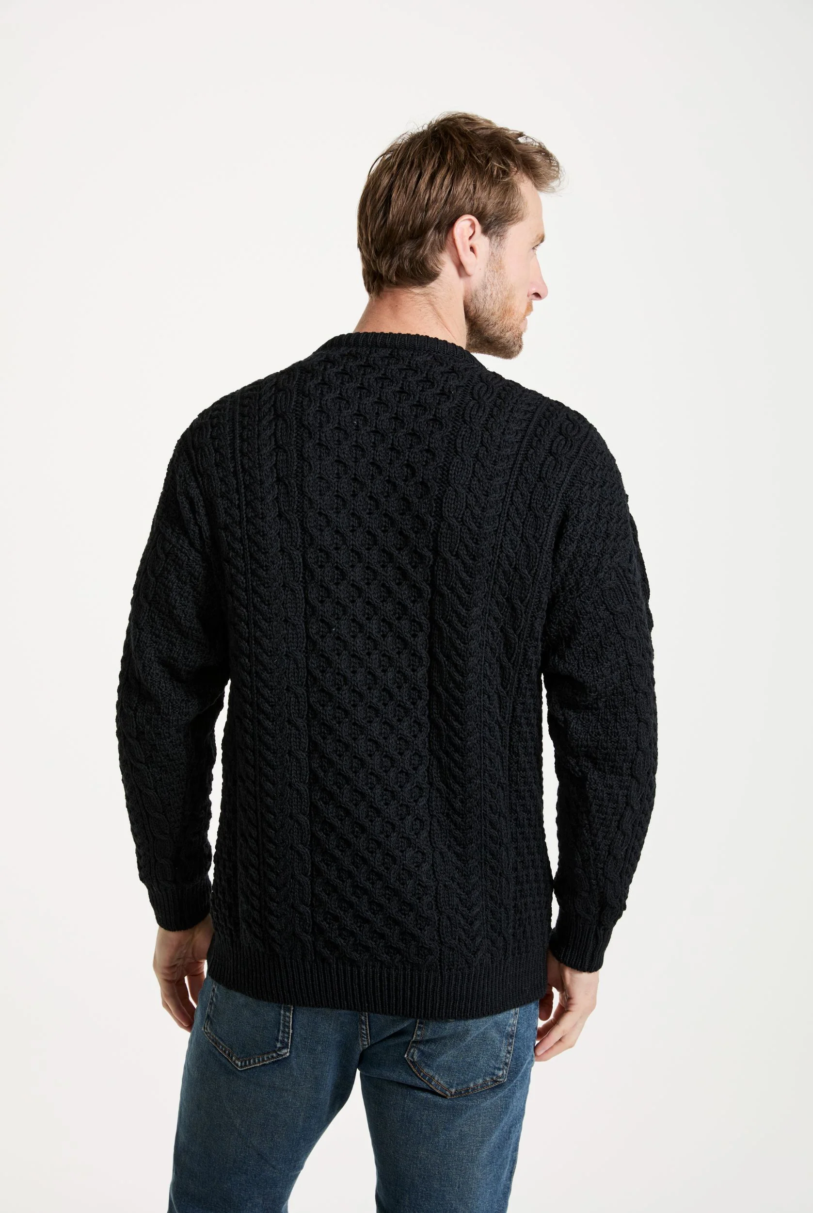 Inisheer Traditional Mens Merino Aran Sweater - Black - Image 3