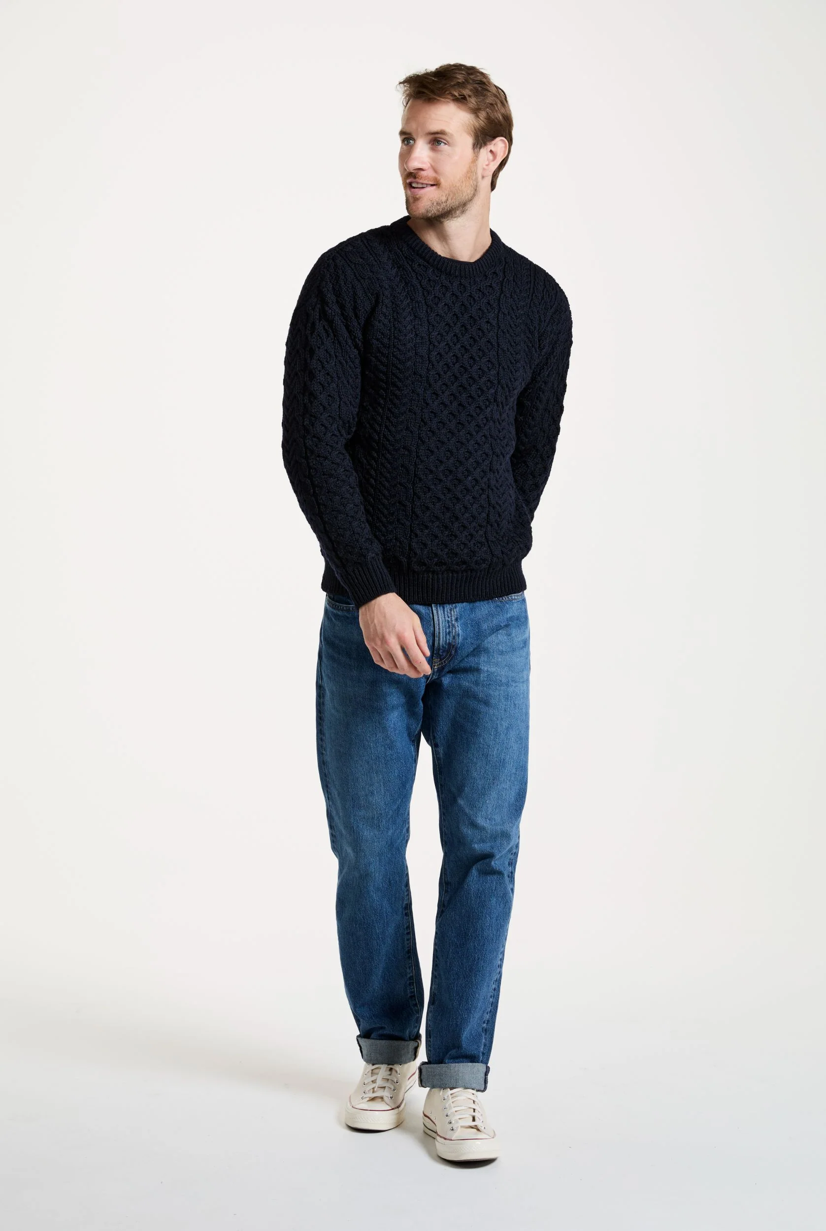 Inisheer Traditional Mens Merino Aran Sweater - Navy - Image 3