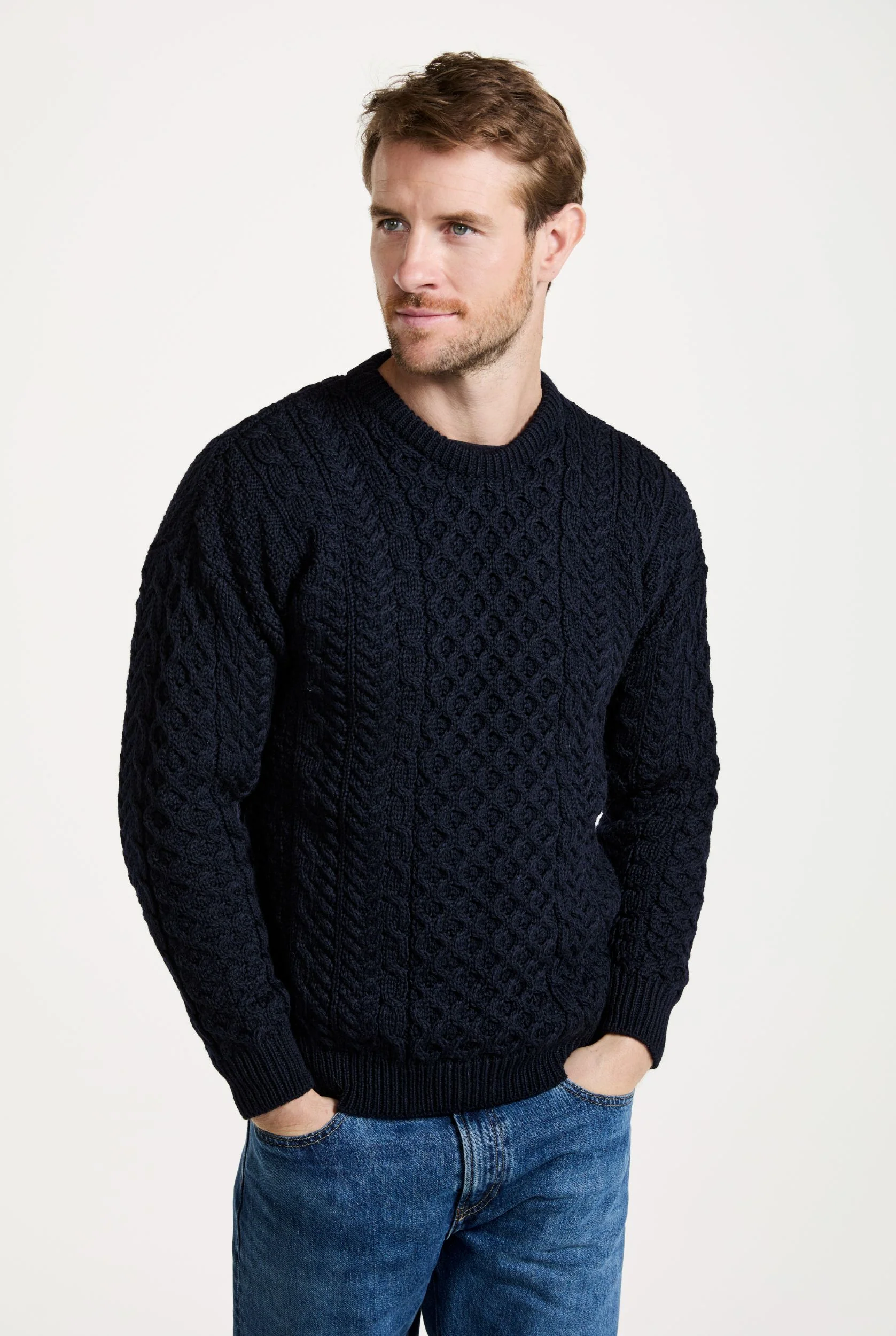 Inisheer Traditional Mens Merino Aran Sweater - Navy - Image 4