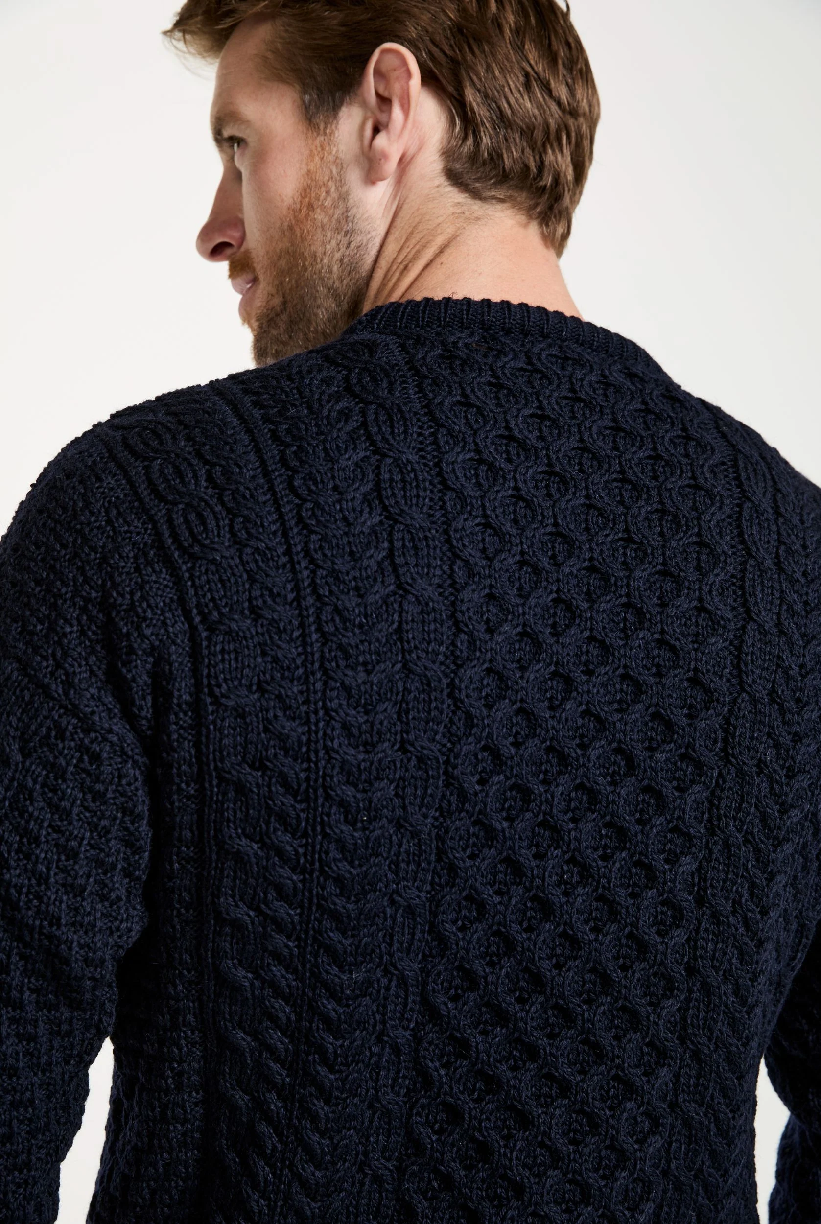 Inisheer Traditional Mens Merino Aran Sweater - Navy - Image 5