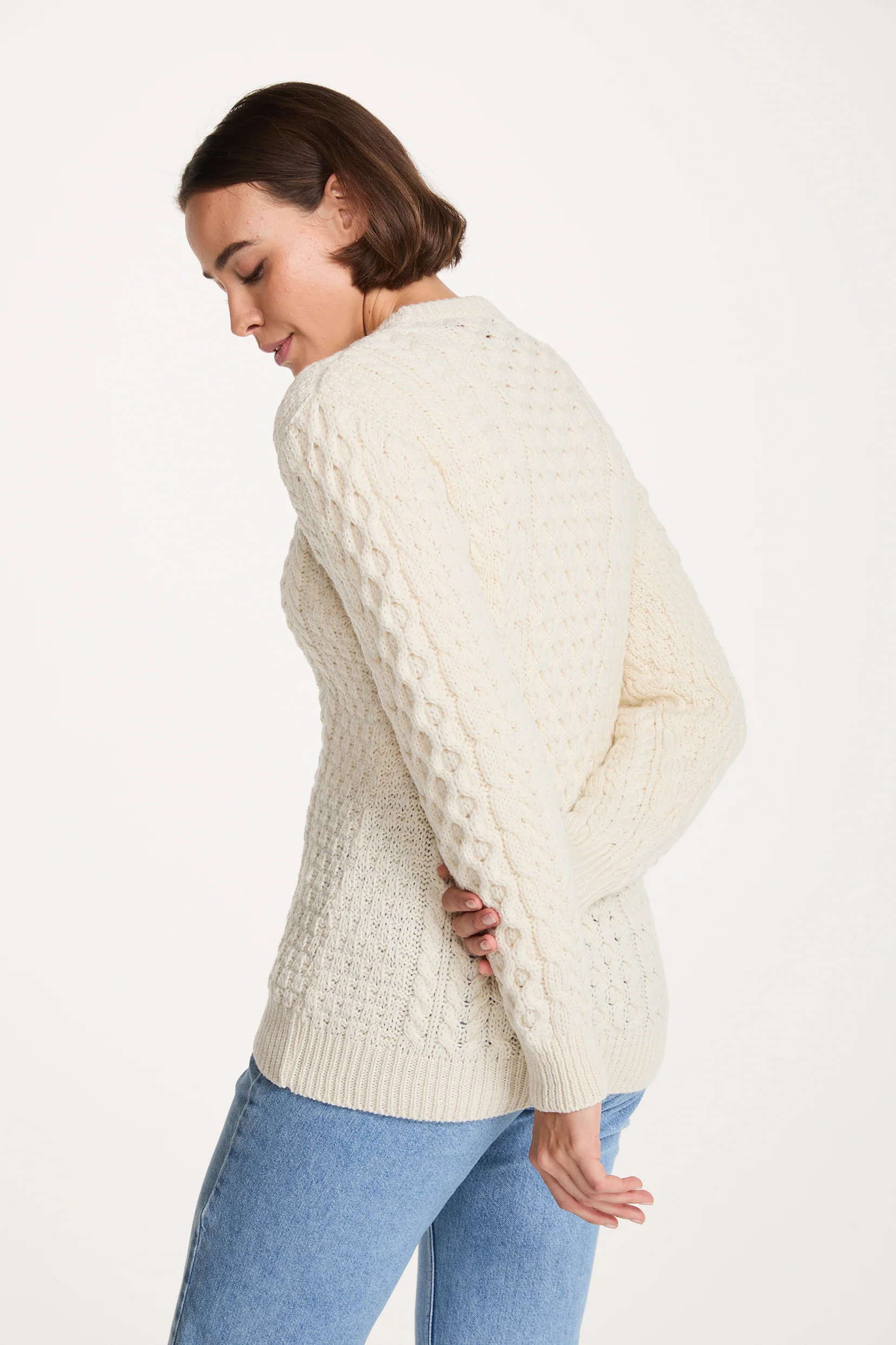 Inishmore Ladies Slim-Fit Merino Aran Sweater - Cream - Image 3