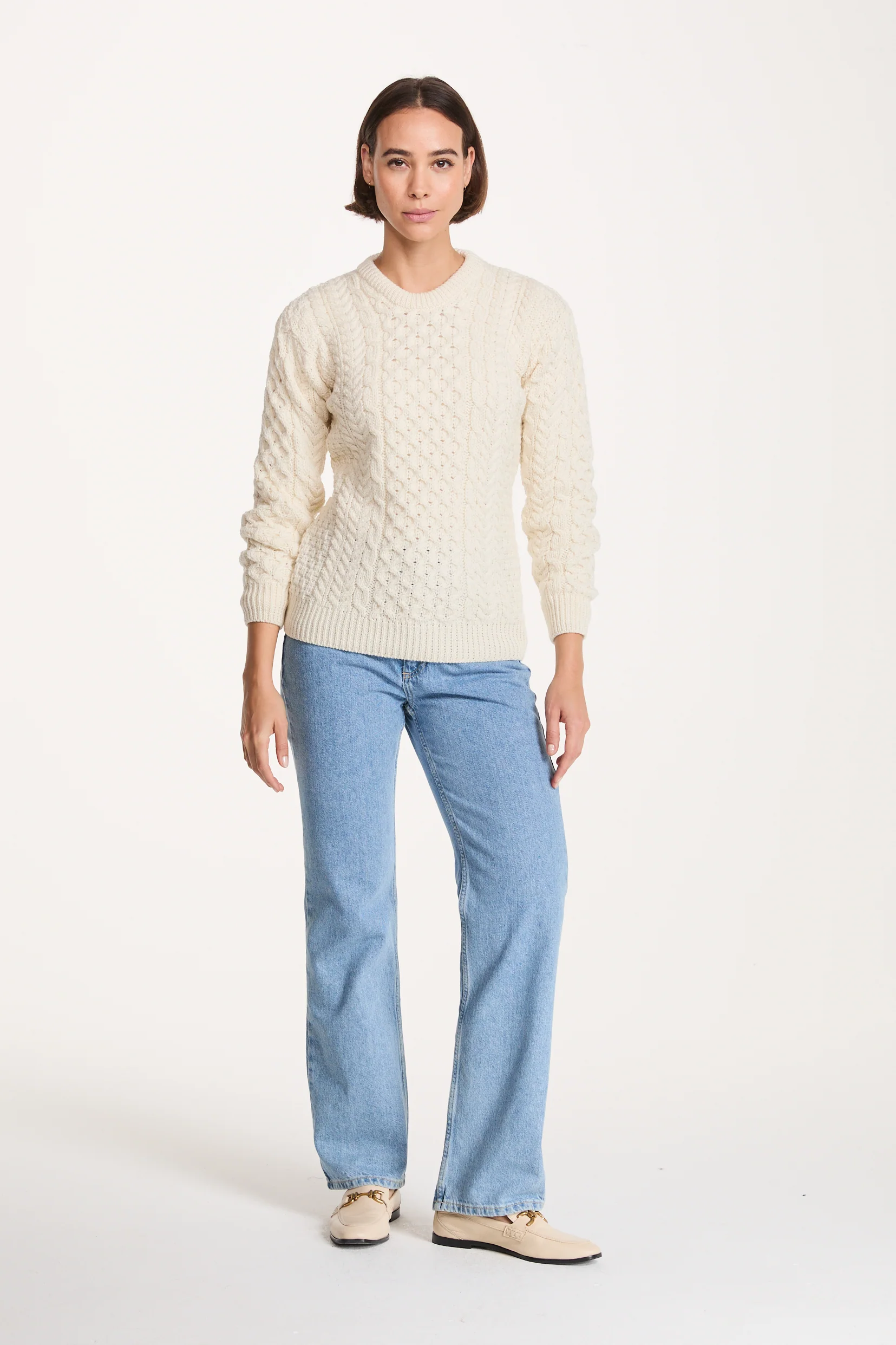 Inishmore Ladies Slim-Fit Merino Aran Sweater - Cream - Image 4