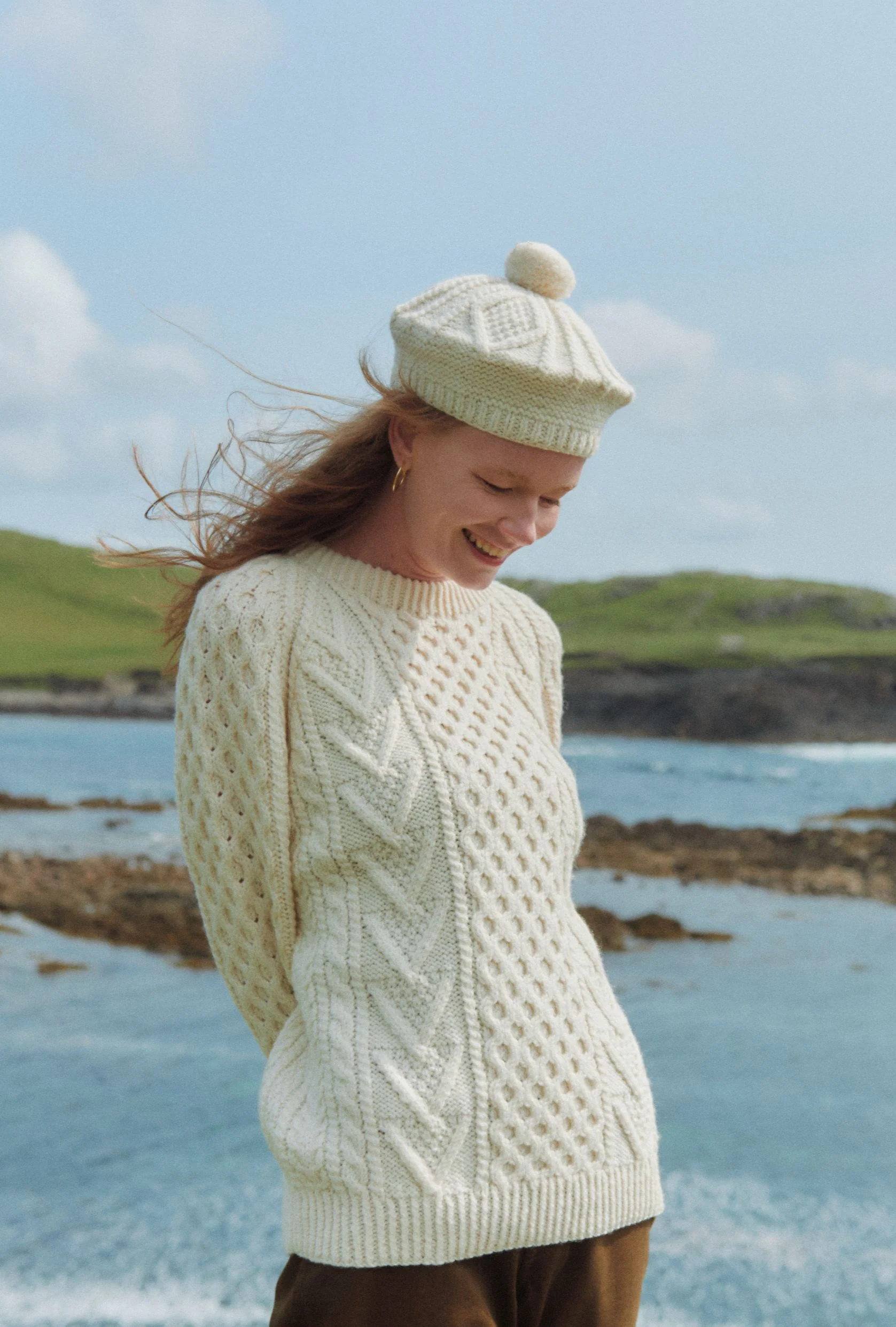 Kilronan Aran Ladies Honeycomb Sweater - Cream - Image 4