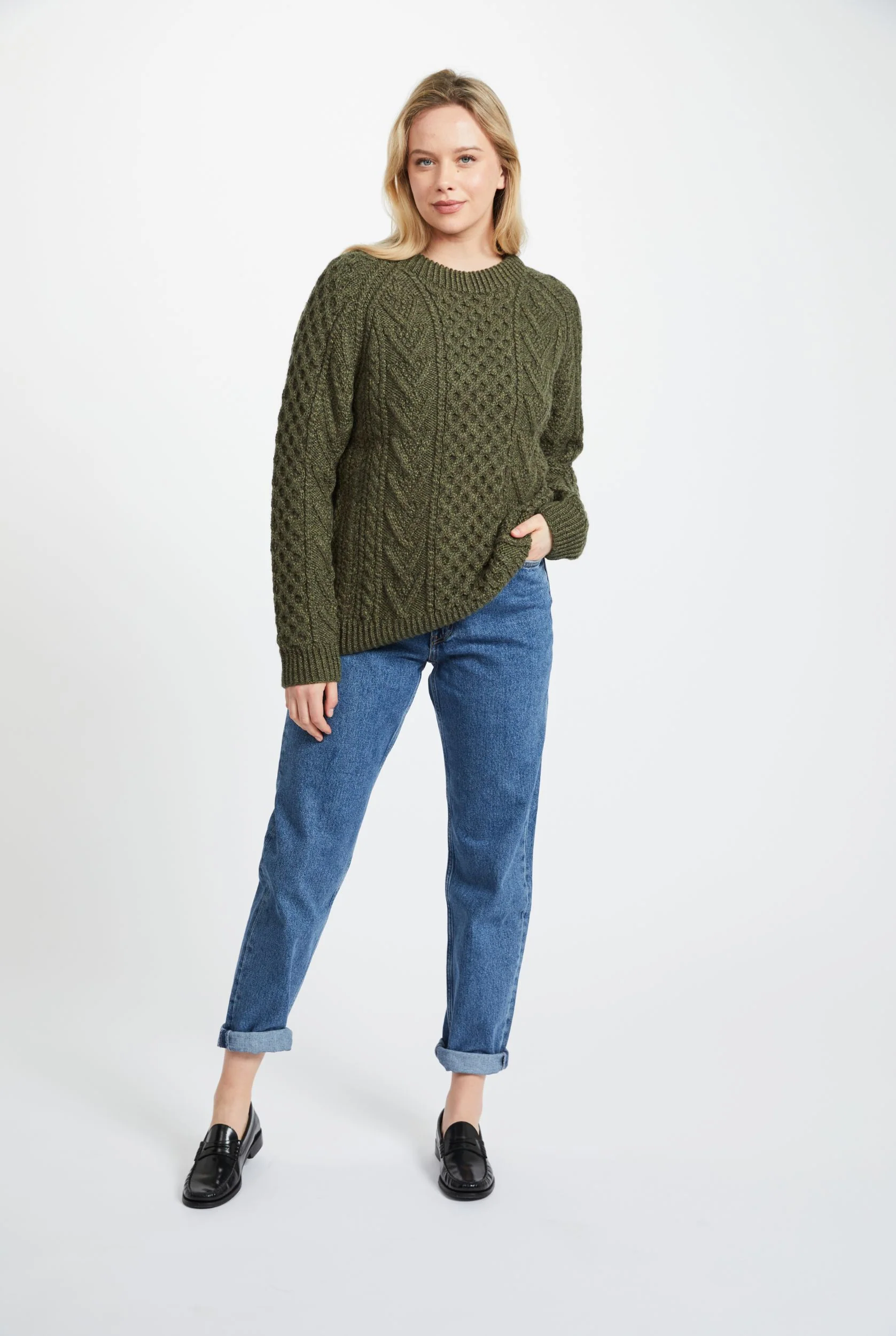Kilronan Aran Ladies Honeycomb Sweater - Green - Image 3