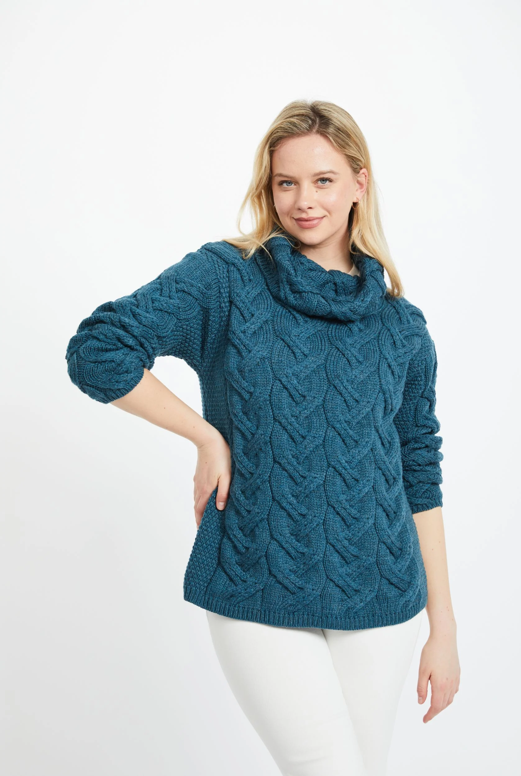 Kinsale Ladies Cable Aran Sweater -Teal - Image 3
