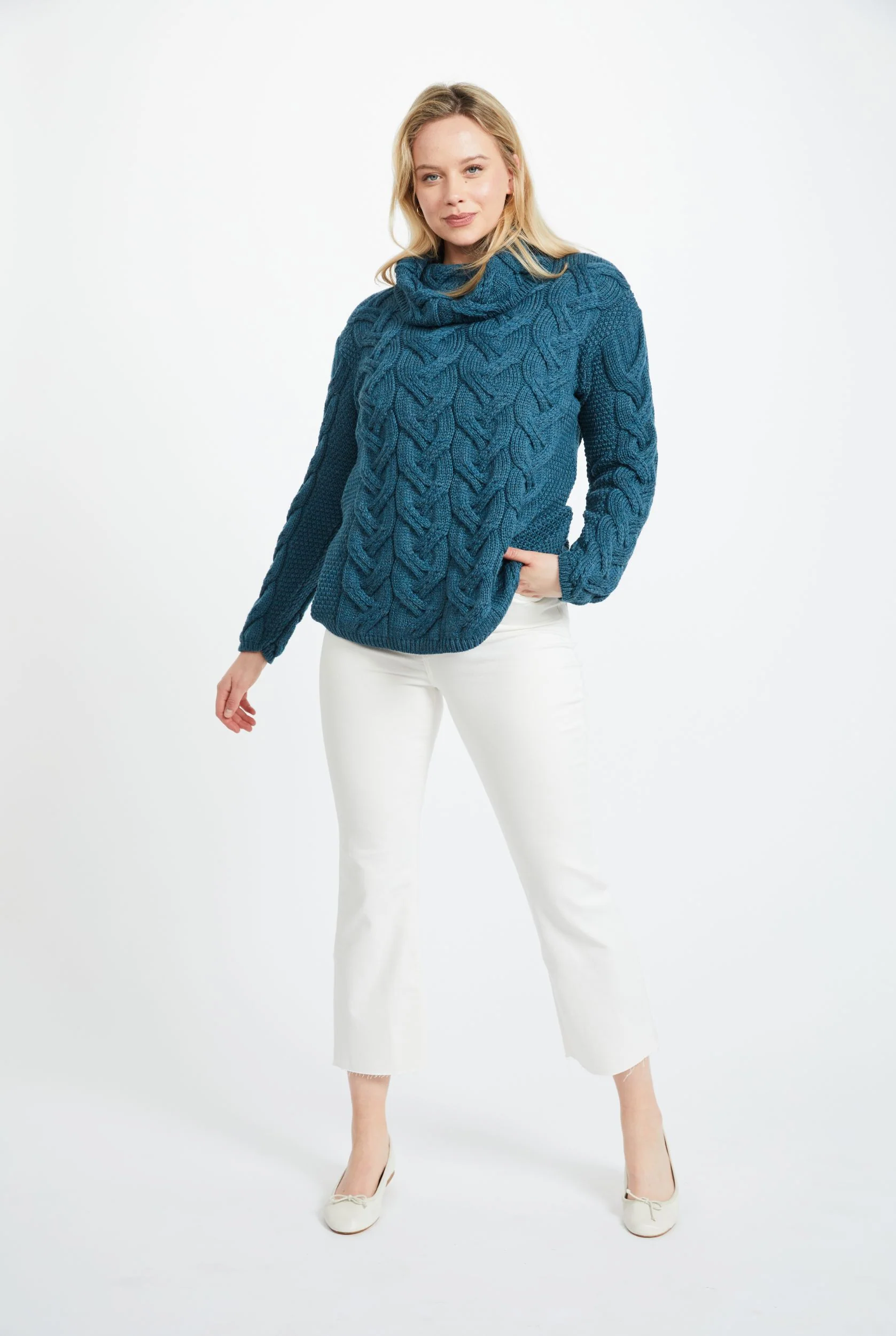 Kinsale Ladies Cable Aran Sweater -Teal - Image 4
