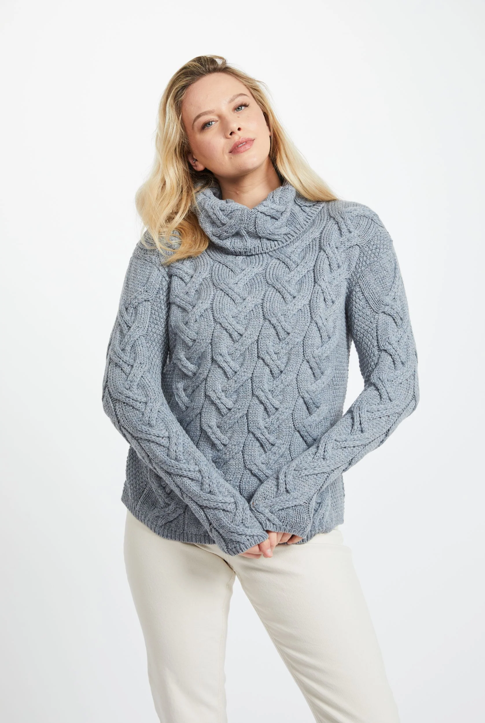 Kinsale Ladies Cable Aran Sweater - Denim - Image 3
