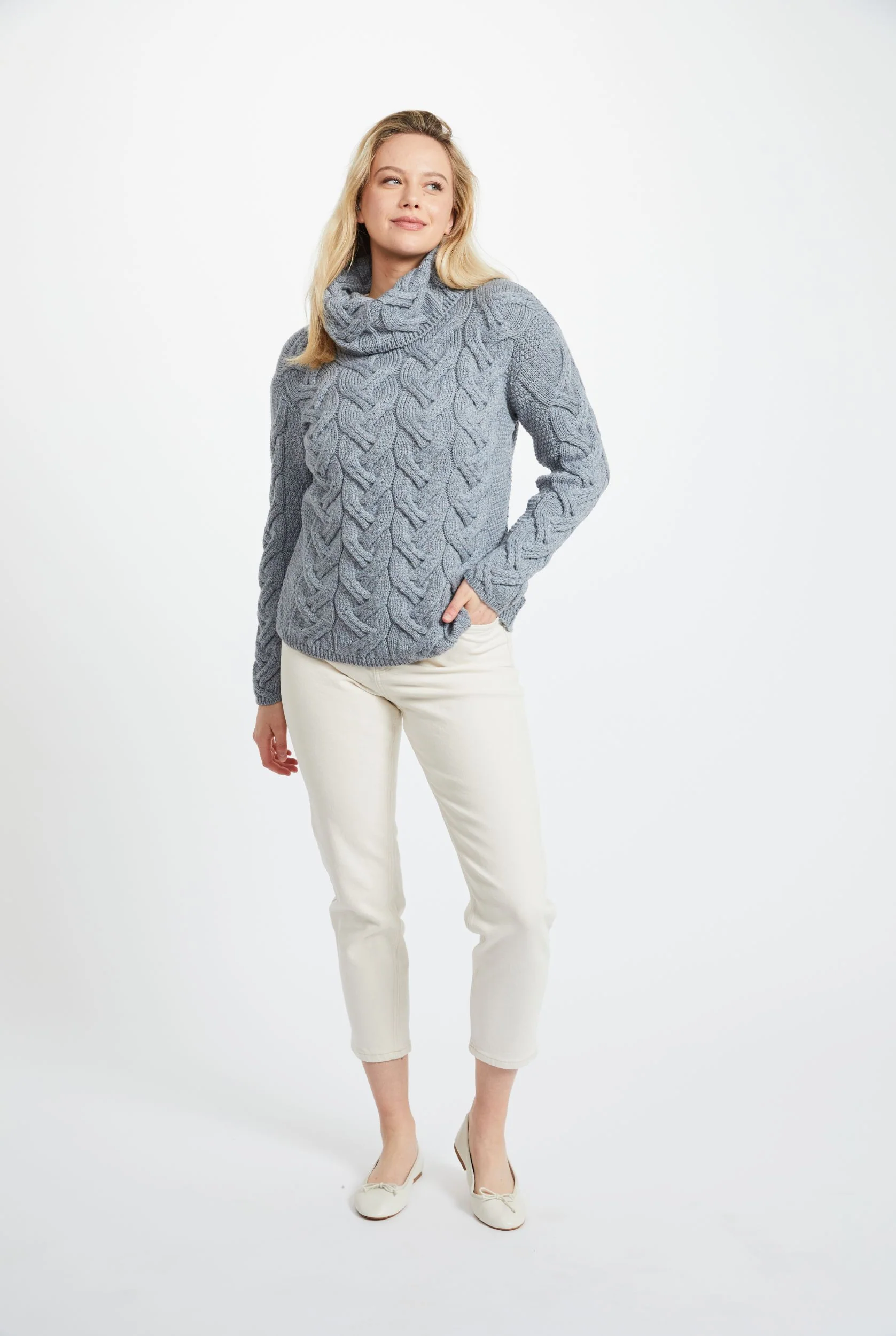 Kinsale Ladies Cable Aran Sweater - Denim - Image 4