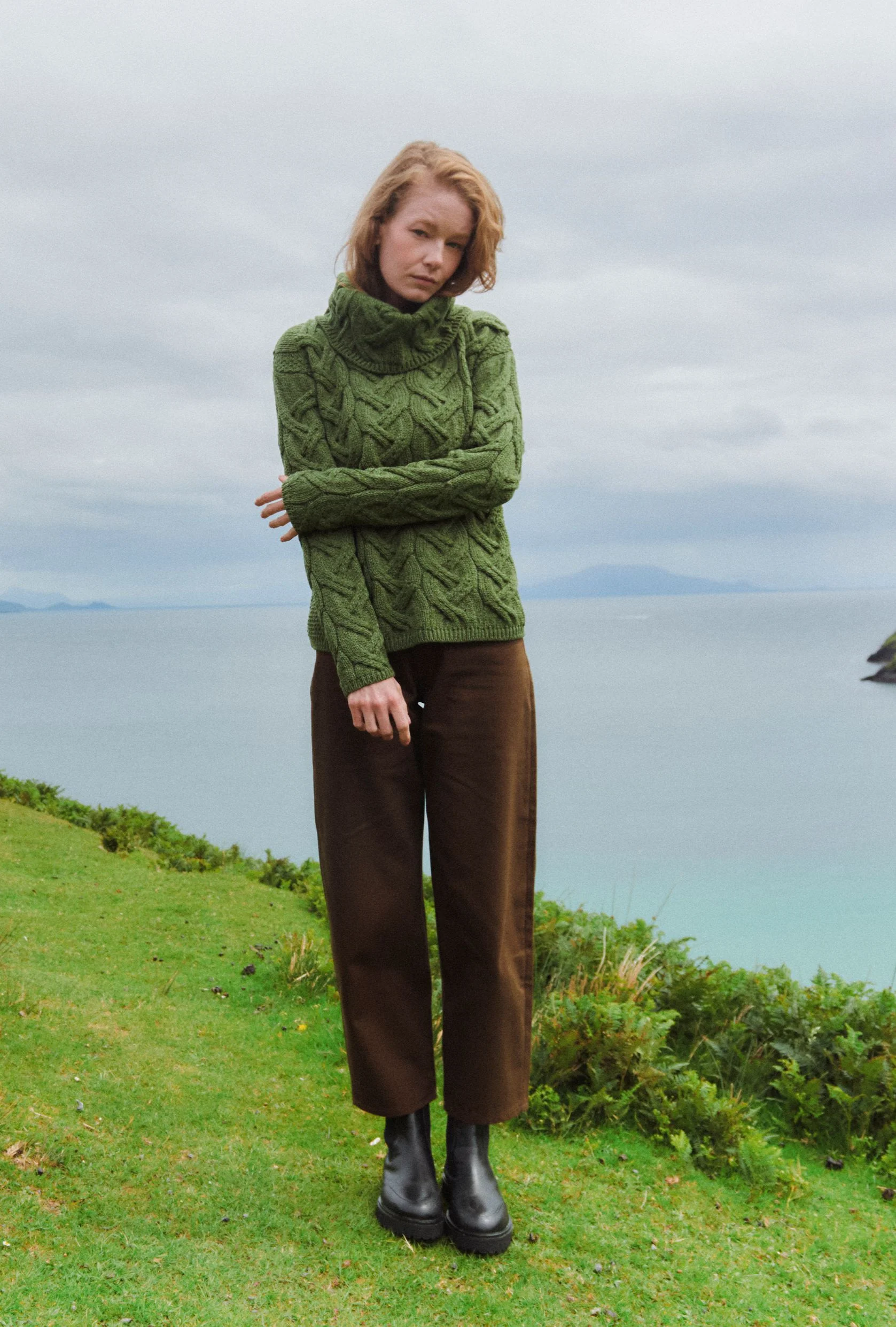 Kinsale Ladies Cable Aran Sweater - Green - Image 3