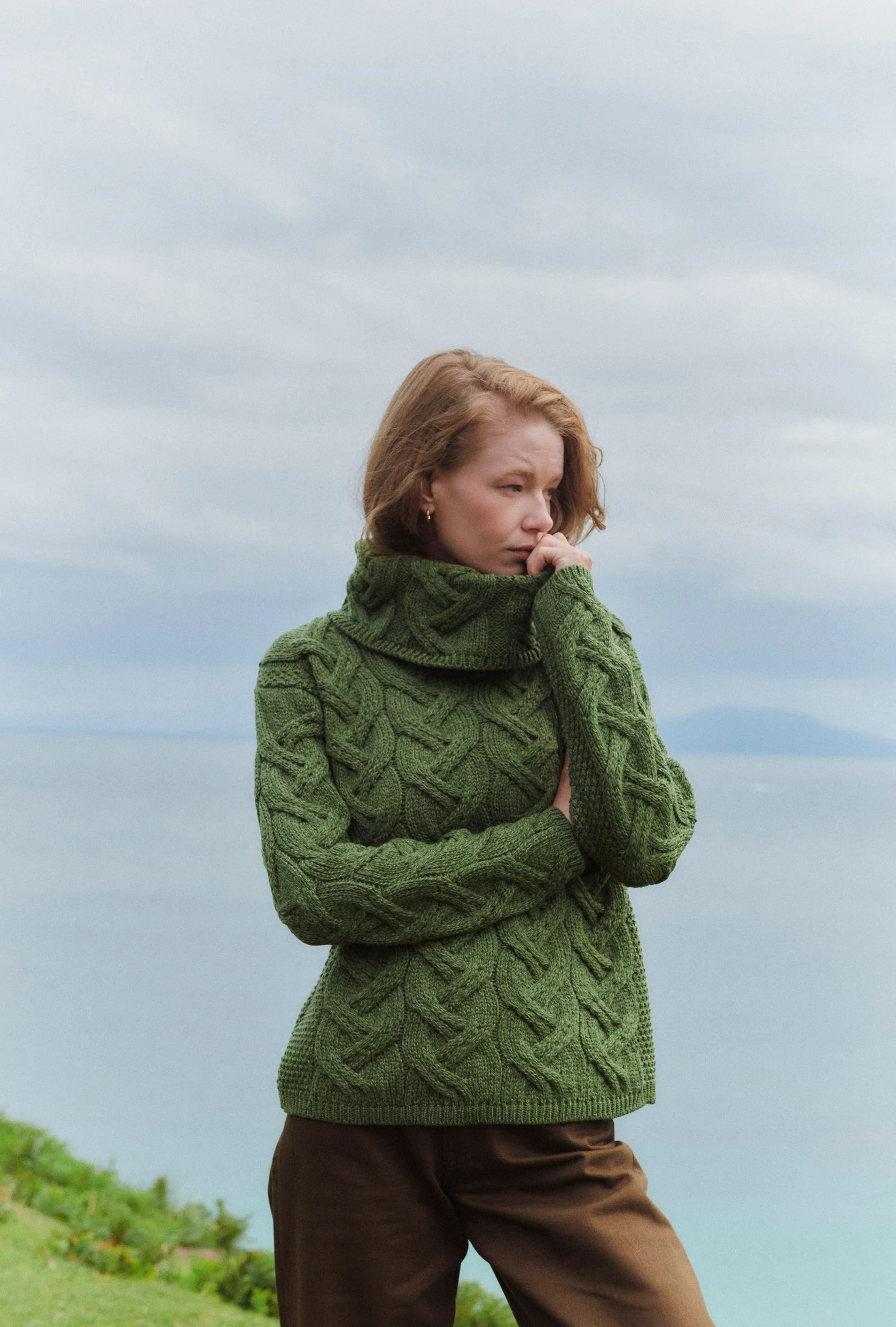 Kinsale Ladies Cable Aran Sweater - Green - Image 4