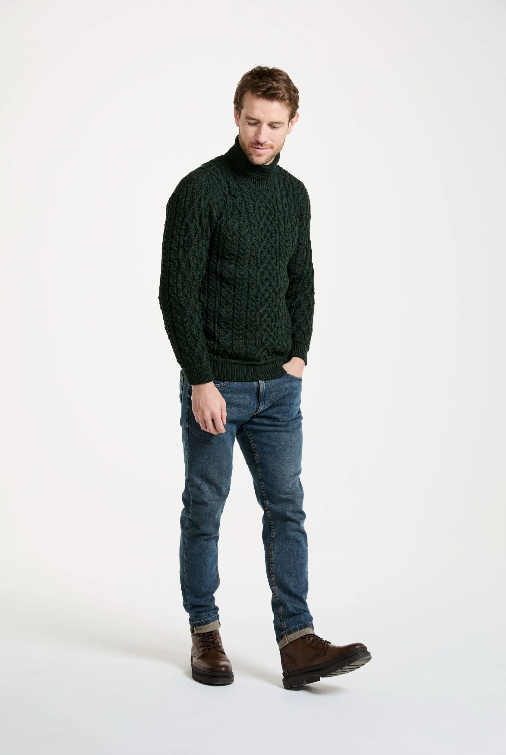 Kylemore Mens Aran Polo Neck Sweater - Green - Image 3