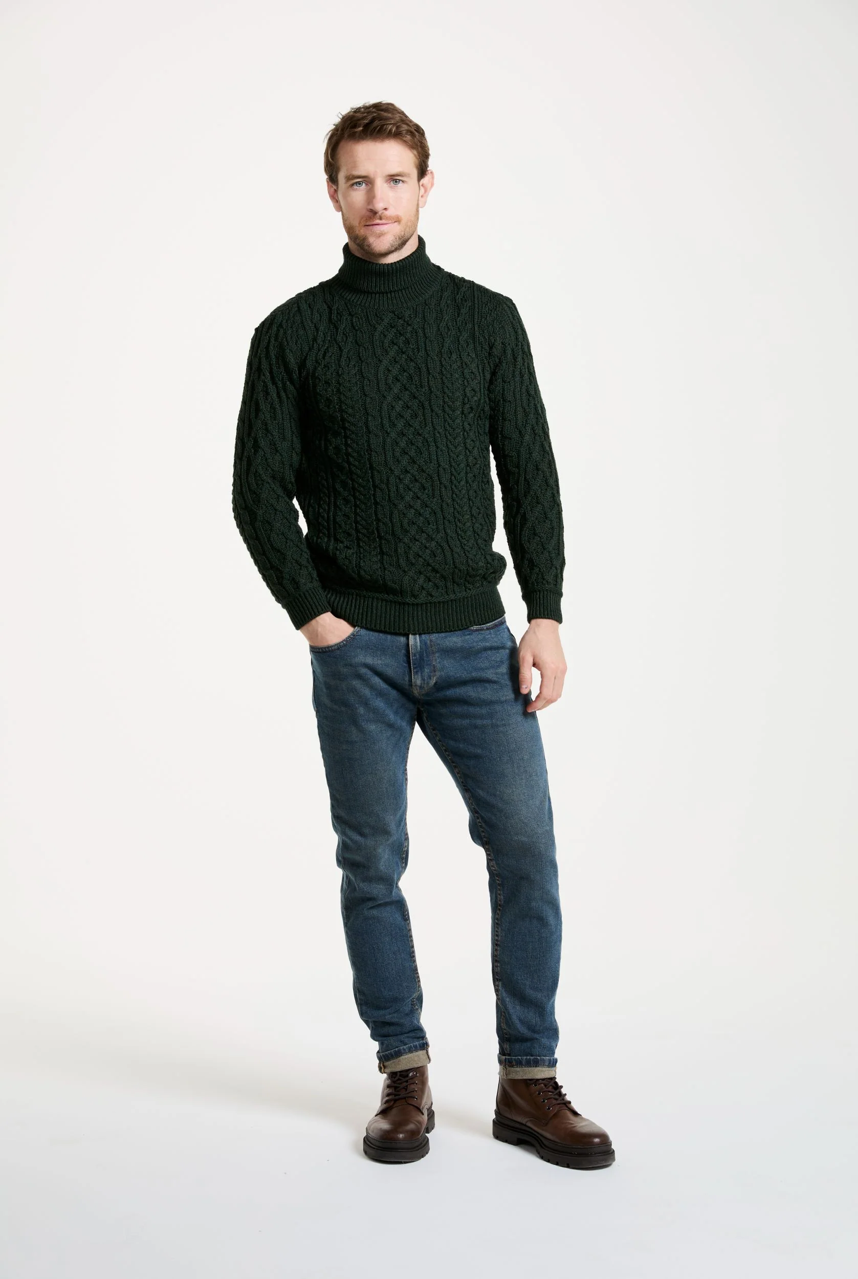 Kylemore Mens Aran Polo Neck Sweater - Green - Image 4