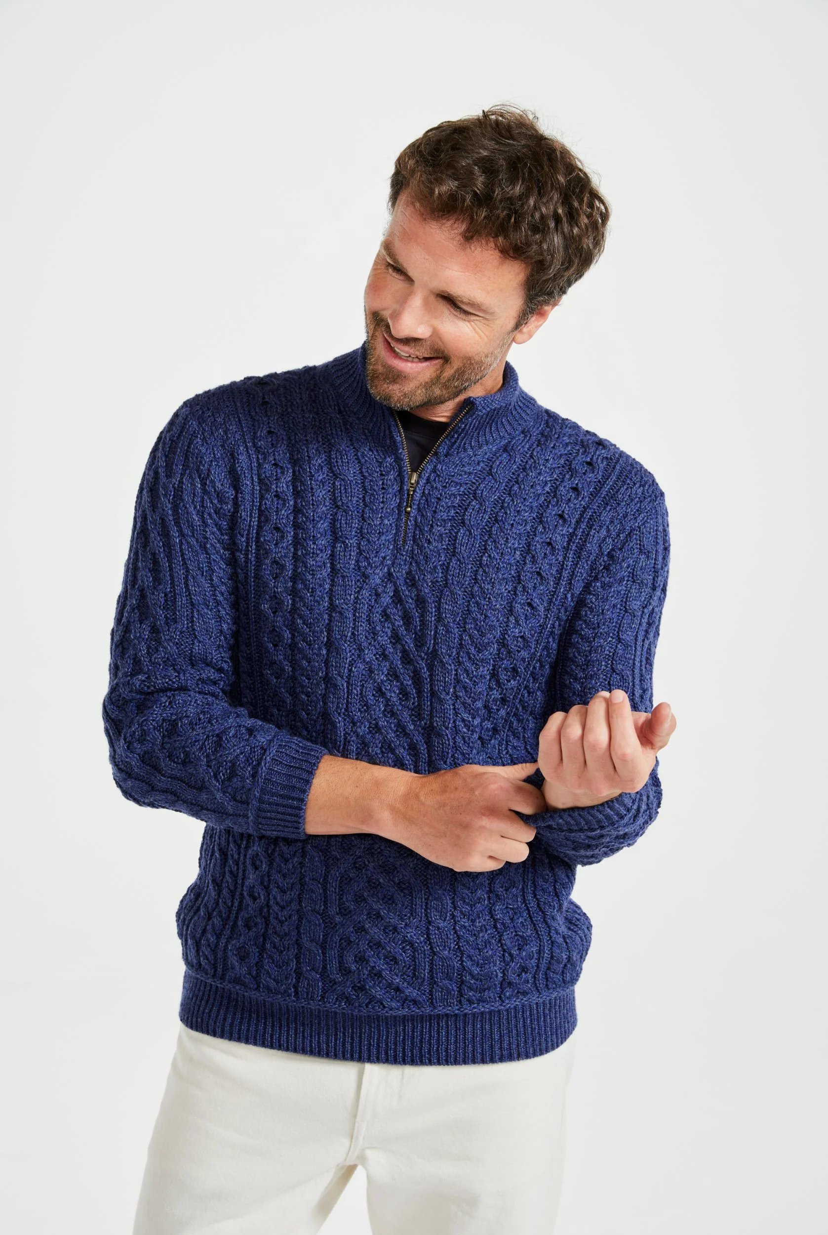 Lackaun Mens Half Aran Troyer with Zip - Navy - Image 3