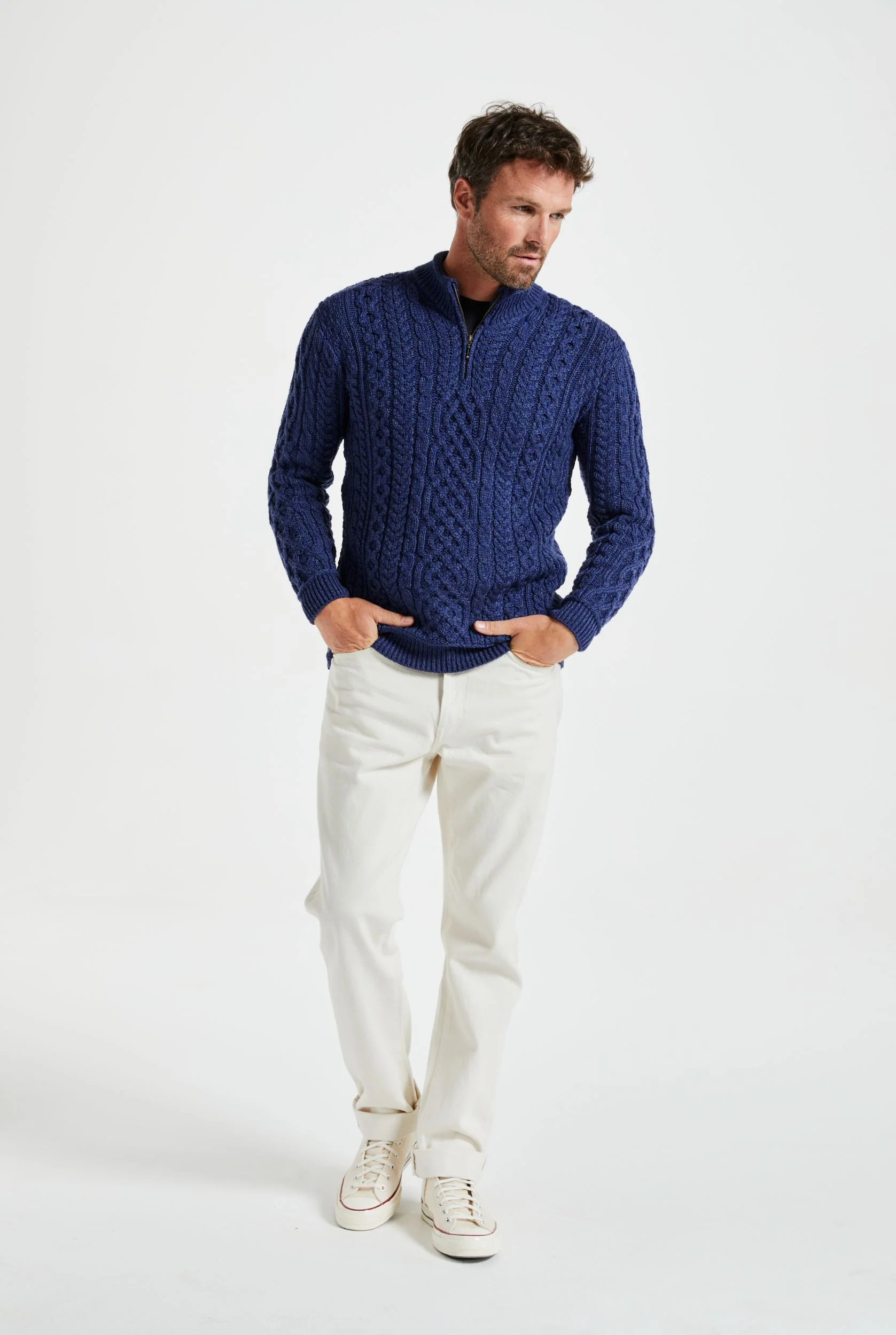 Lackaun Mens Half Aran Troyer with Zip - Navy - Image 4