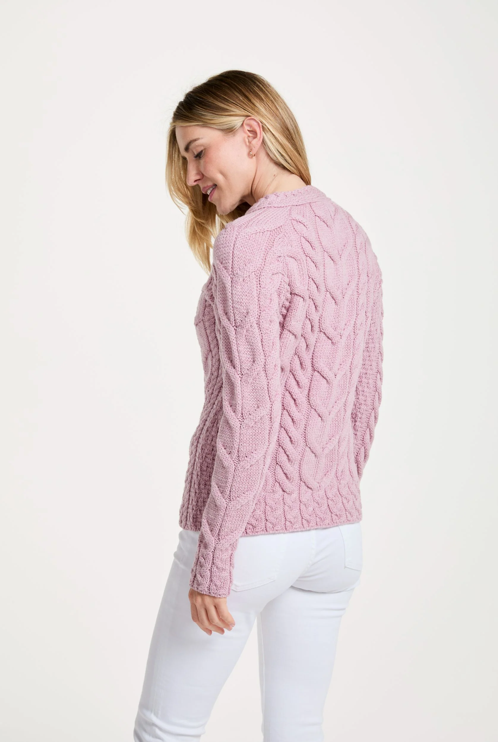 Listowel Ladies Aran Cabled Sweater - Blush Pink - Image 5