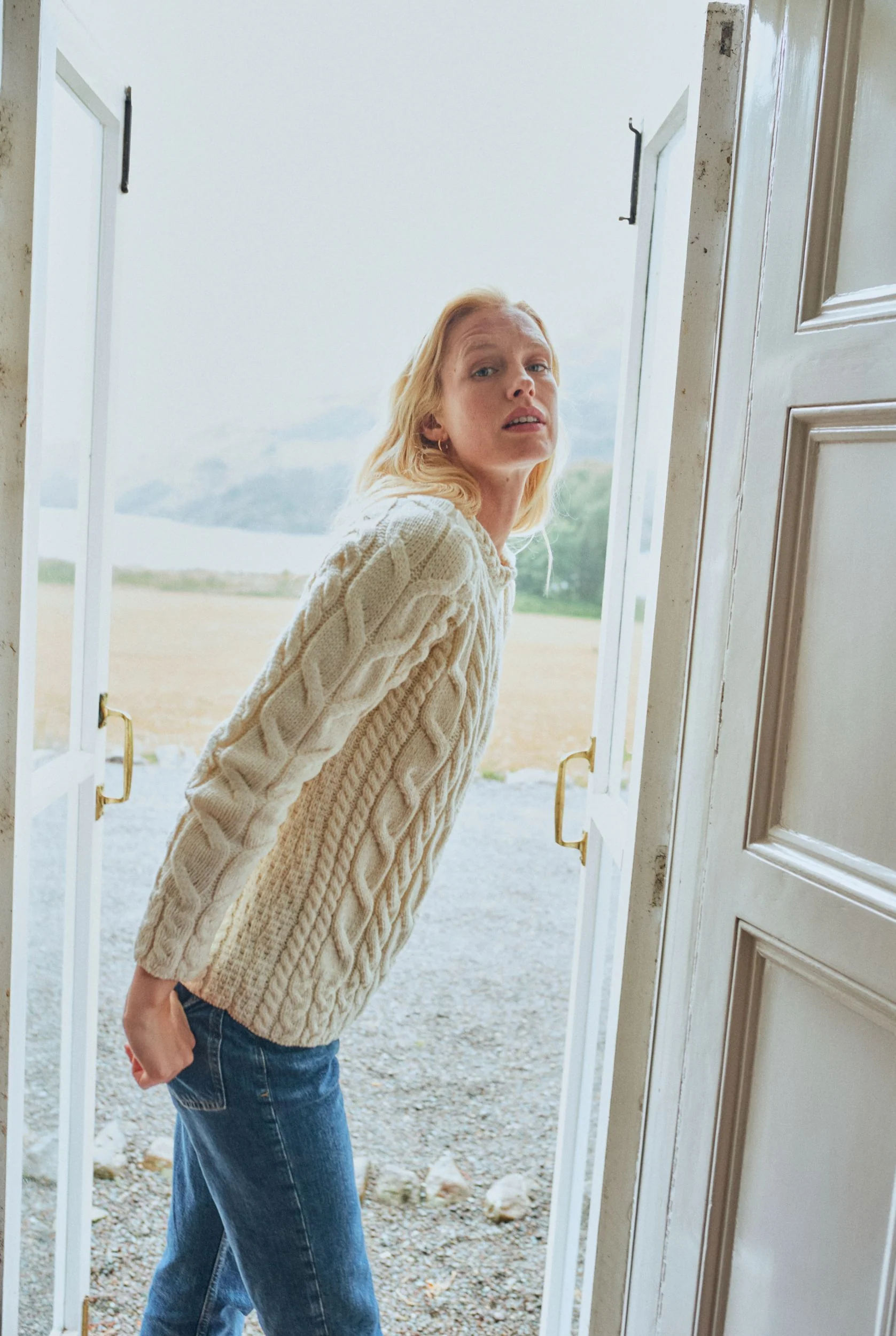 Listowel Ladies Aran Cabled Sweater - Cream - Image 3