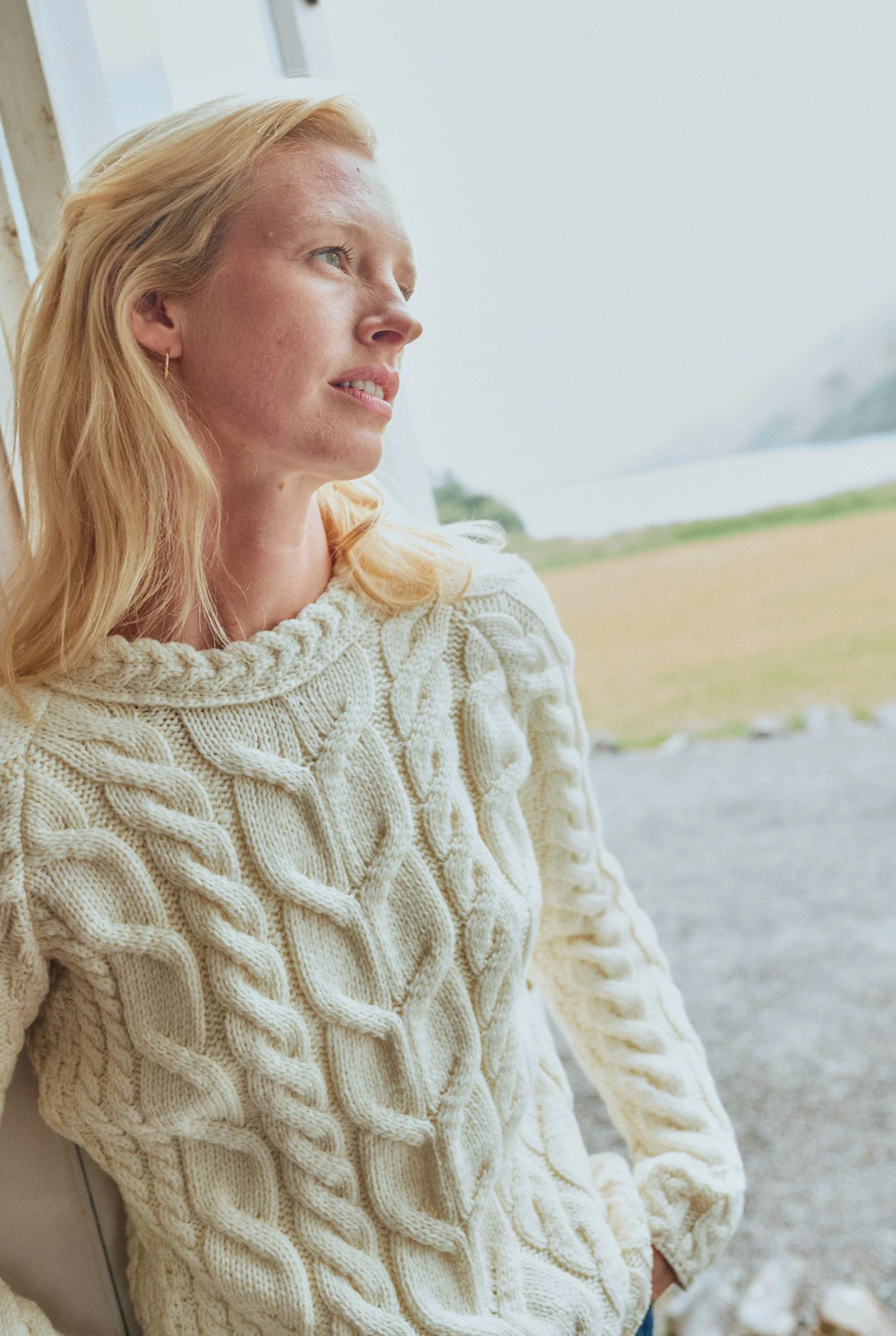 Listowel Ladies Aran Cabled Sweater - Cream - Image 4