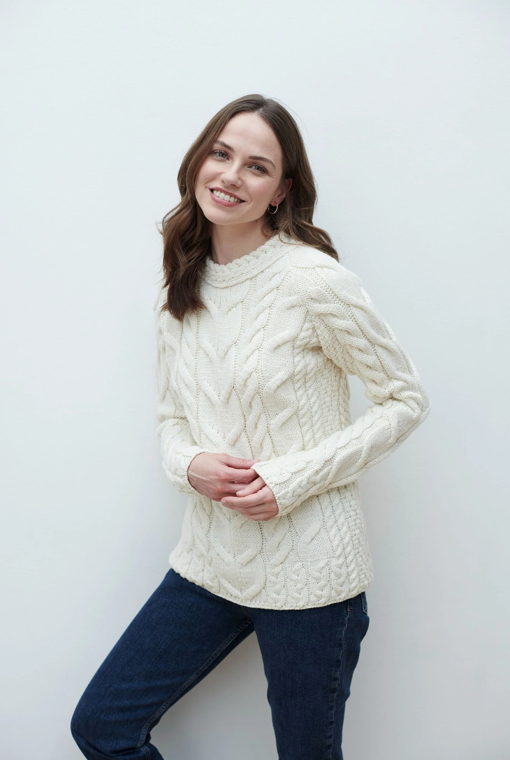 Listowel Ladies Aran Cabled Sweater - Cream - Image 5