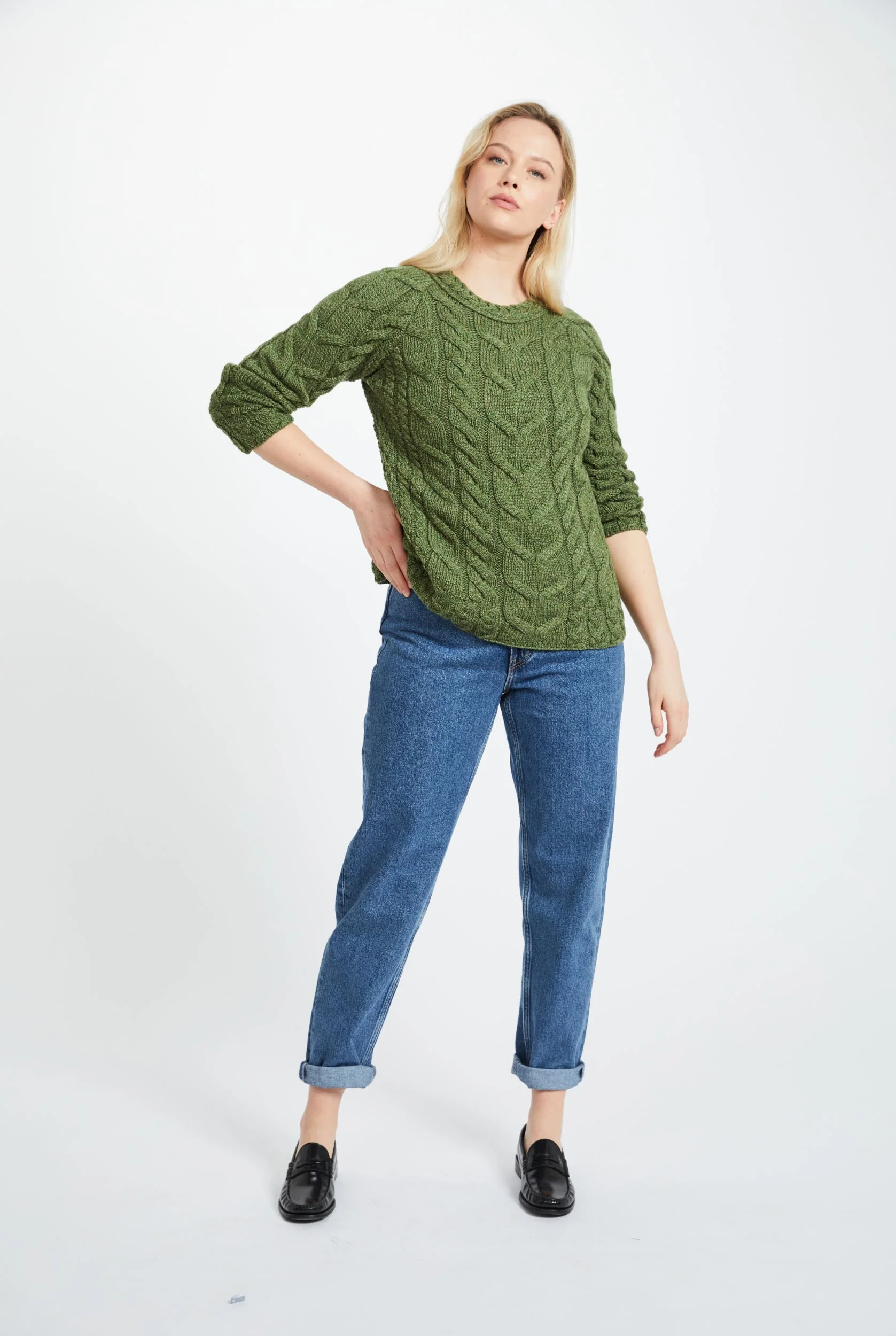 Listowel Ladies Aran Cabled Sweater - Meadow Green - Image 3