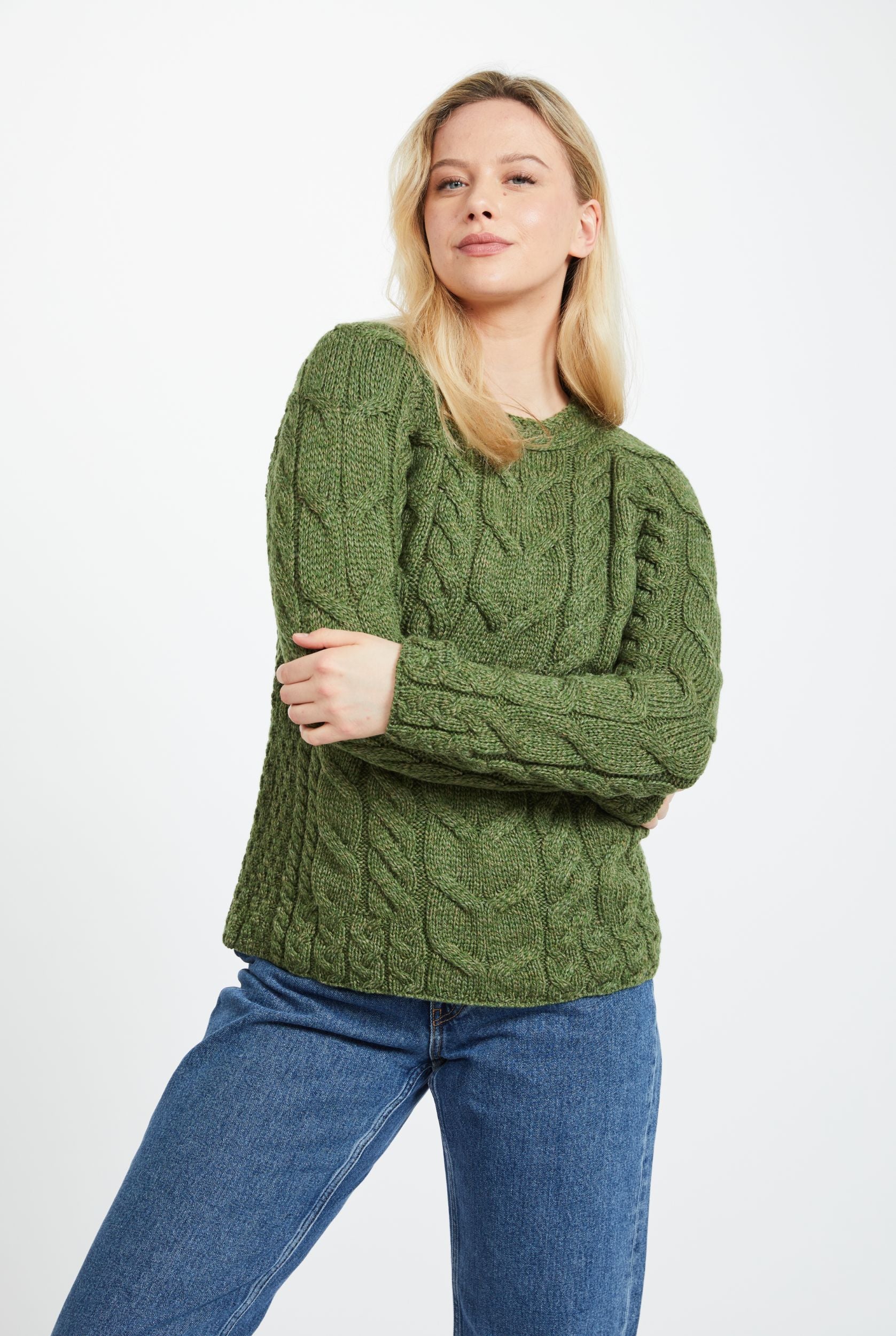 Listowel Ladies Aran Cabled Sweater - Meadow Green - Image 4