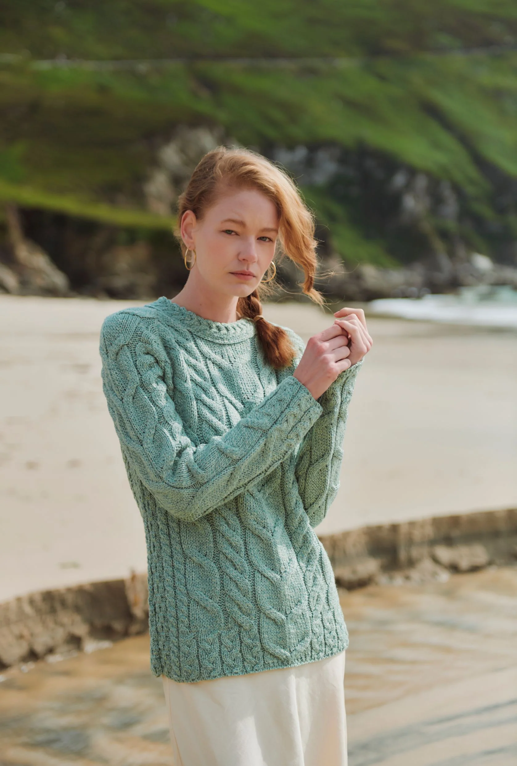 Listowel Ladies Aran Cabled Sweater - Mint - Image 4