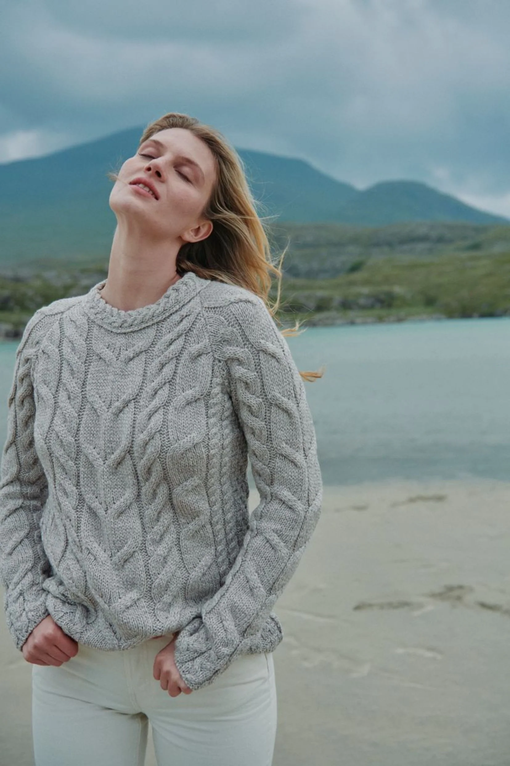 Listowel Ladies Aran Cabled Sweater - Oat - Image 3