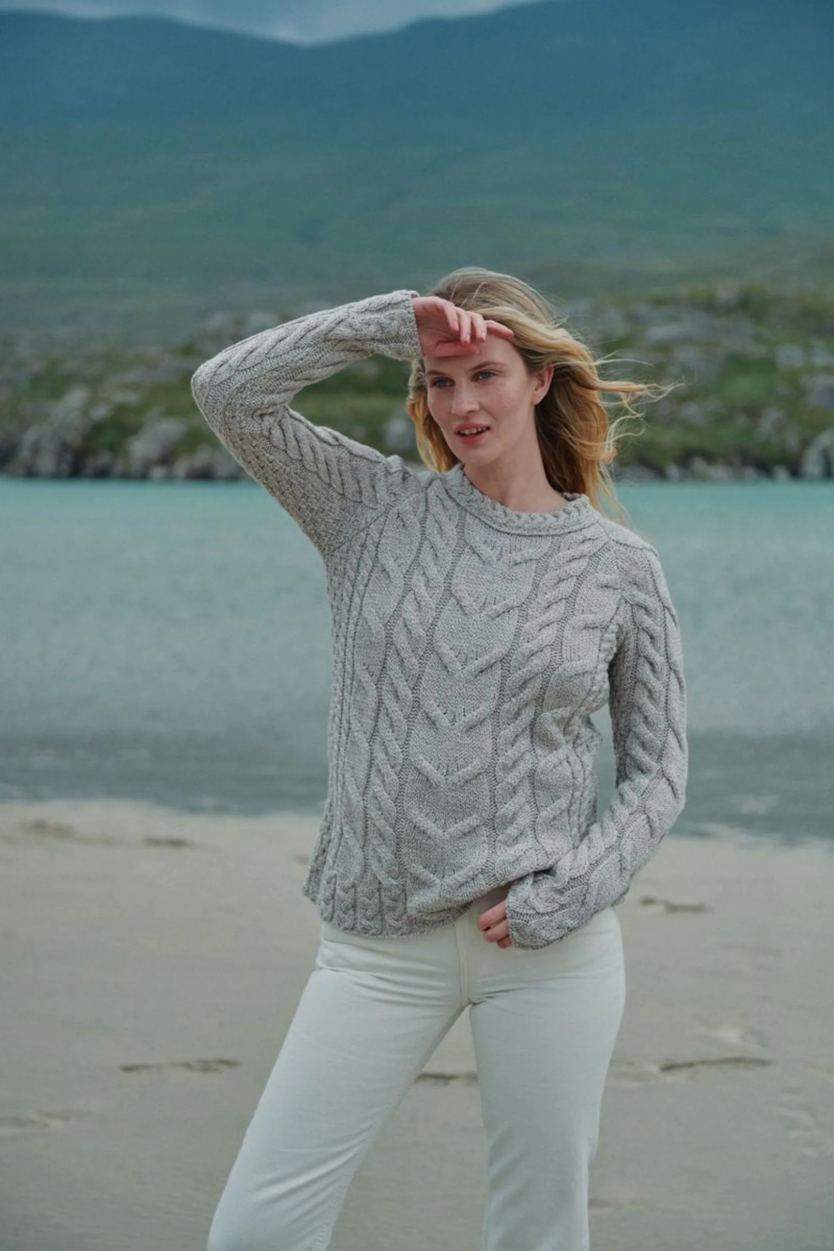 Listowel Ladies Aran Cabled Sweater - Oat - Image 4