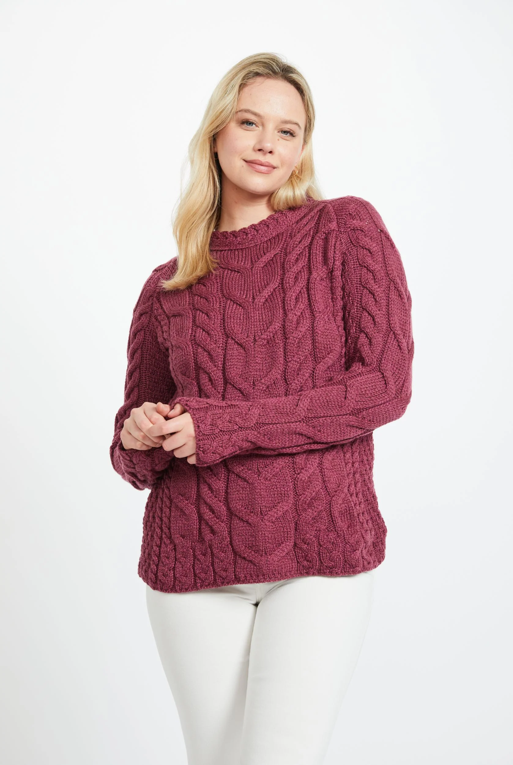 Listowel Ladies Aran Cabled Sweater - Berry - Image 3