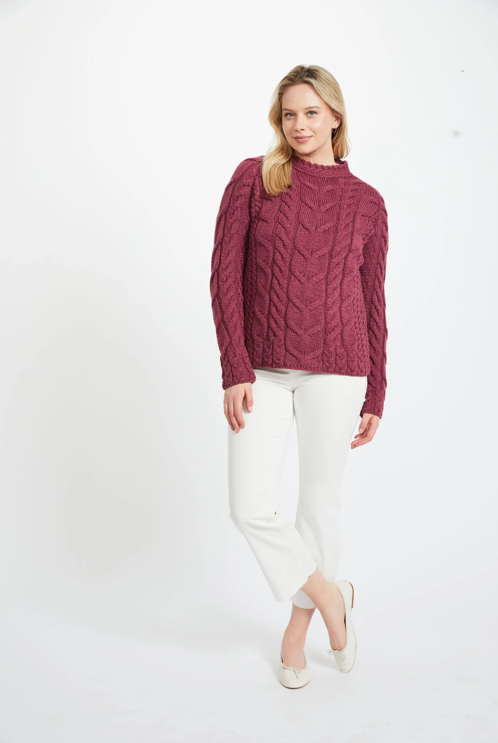 Listowel Ladies Aran Cabled Sweater - Berry - Image 4