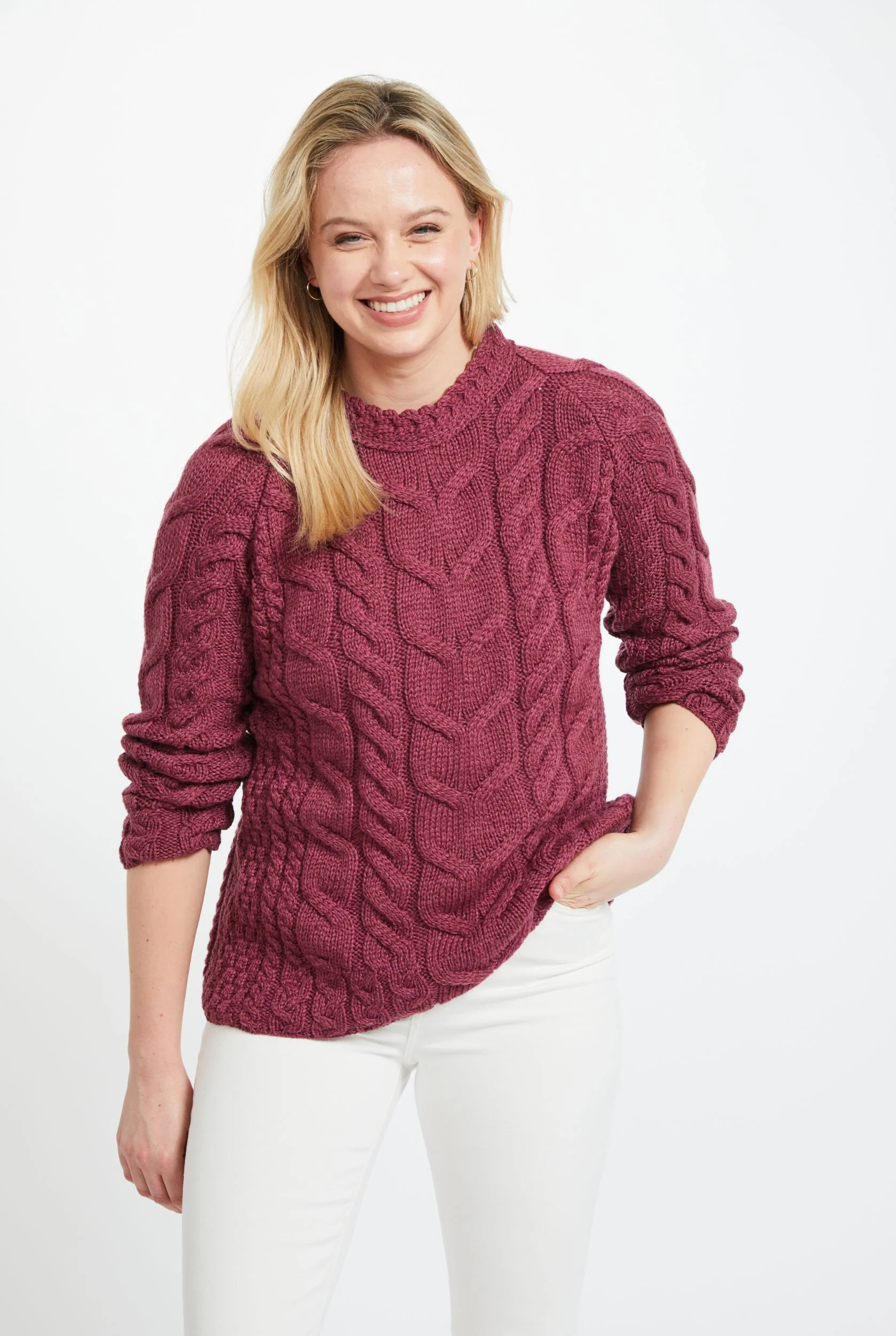 Listowel Ladies Aran Cabled Sweater - Berry - Image 5