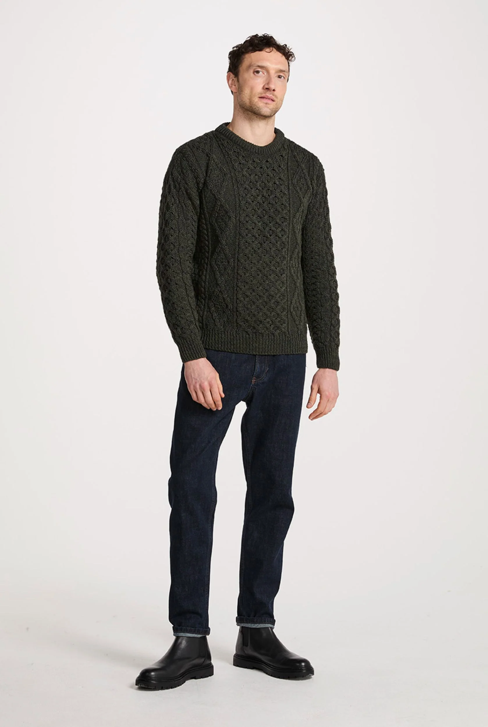 Moher Traditional Aran Sweater - Green - Image 4